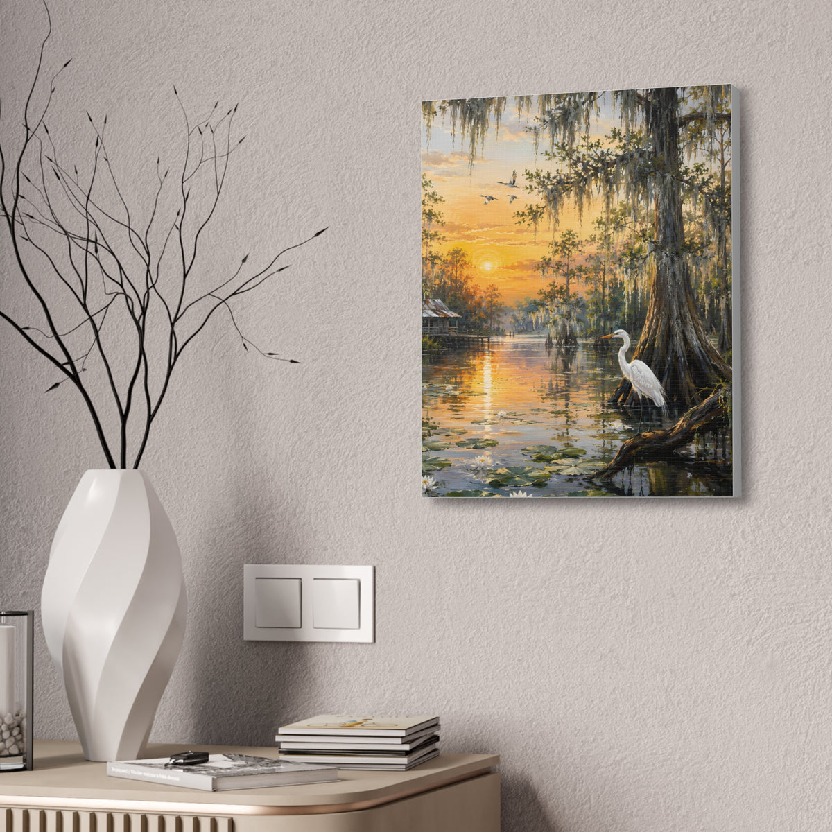 Louisiana Sunset Bayou Canvas Wall Art — Egret & Cypress Stretched Print