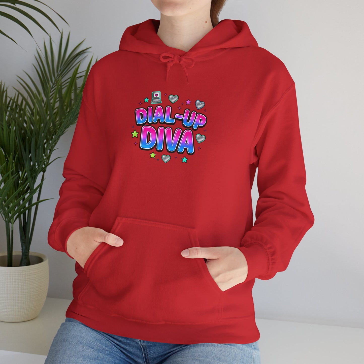 Dial-Up Diva Hoodie Y2K slogan, hot pink bubble text, cyber nostalgia