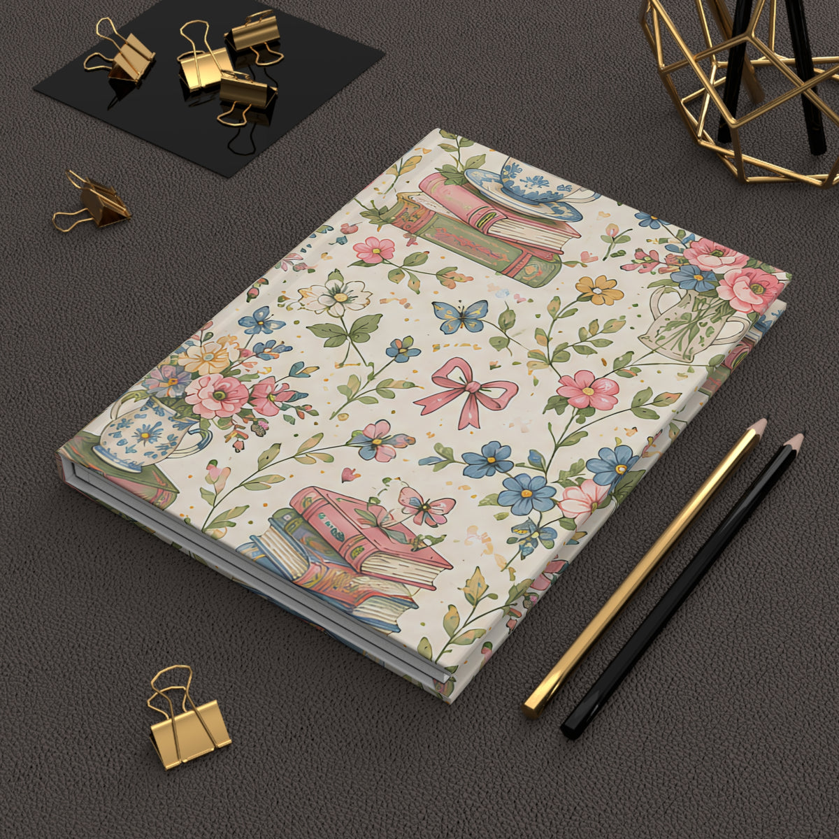 Bookish Blooms Floral Tea & Books Hardcover Journal — Vintage Botanical Notebook