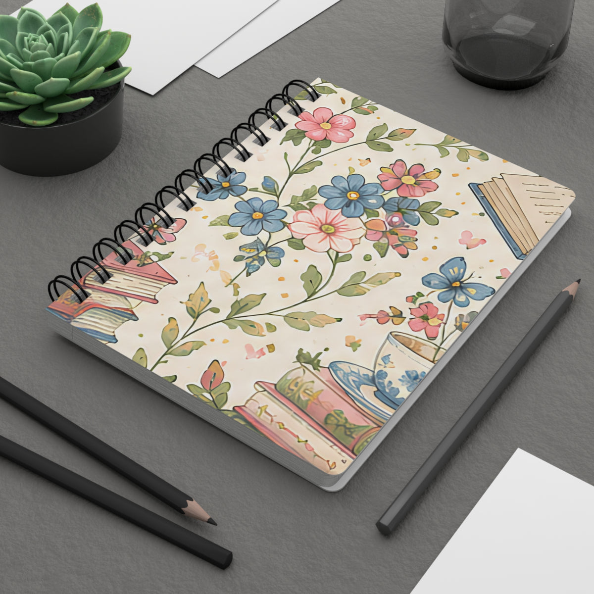 Bookish Blooms Floral Tea & Books Spiral Journal — Vintage Botanical Notebook for Writing, Notes & Gifts