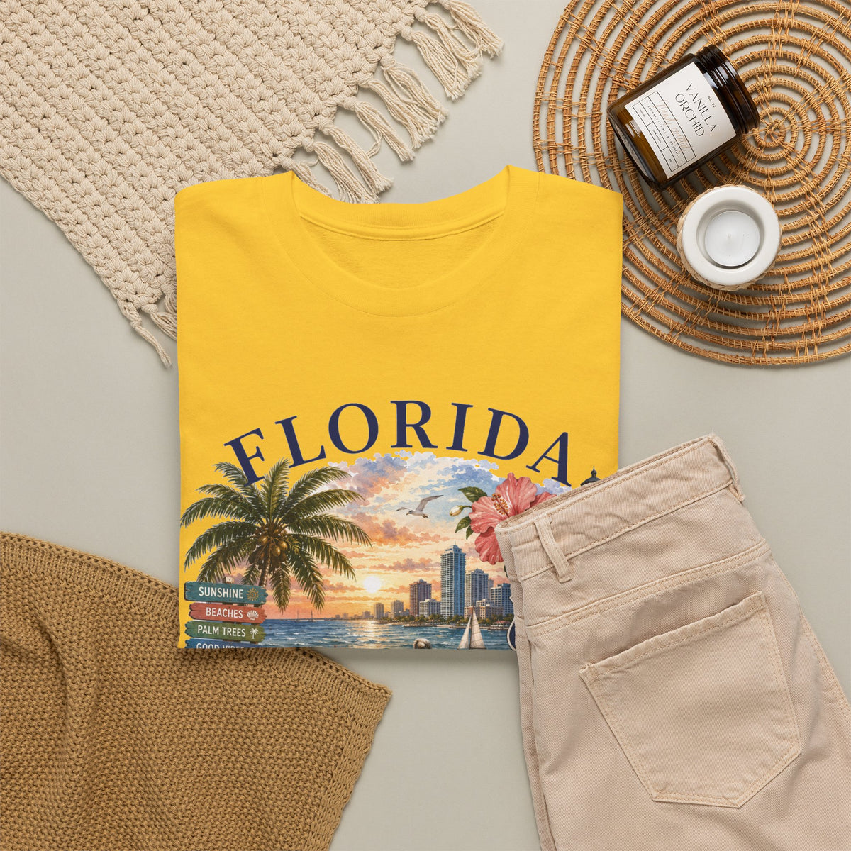 Florida Vintage Travel T-Shirt — Retro Beach Sunset, Lighthouse & Oranges Tee