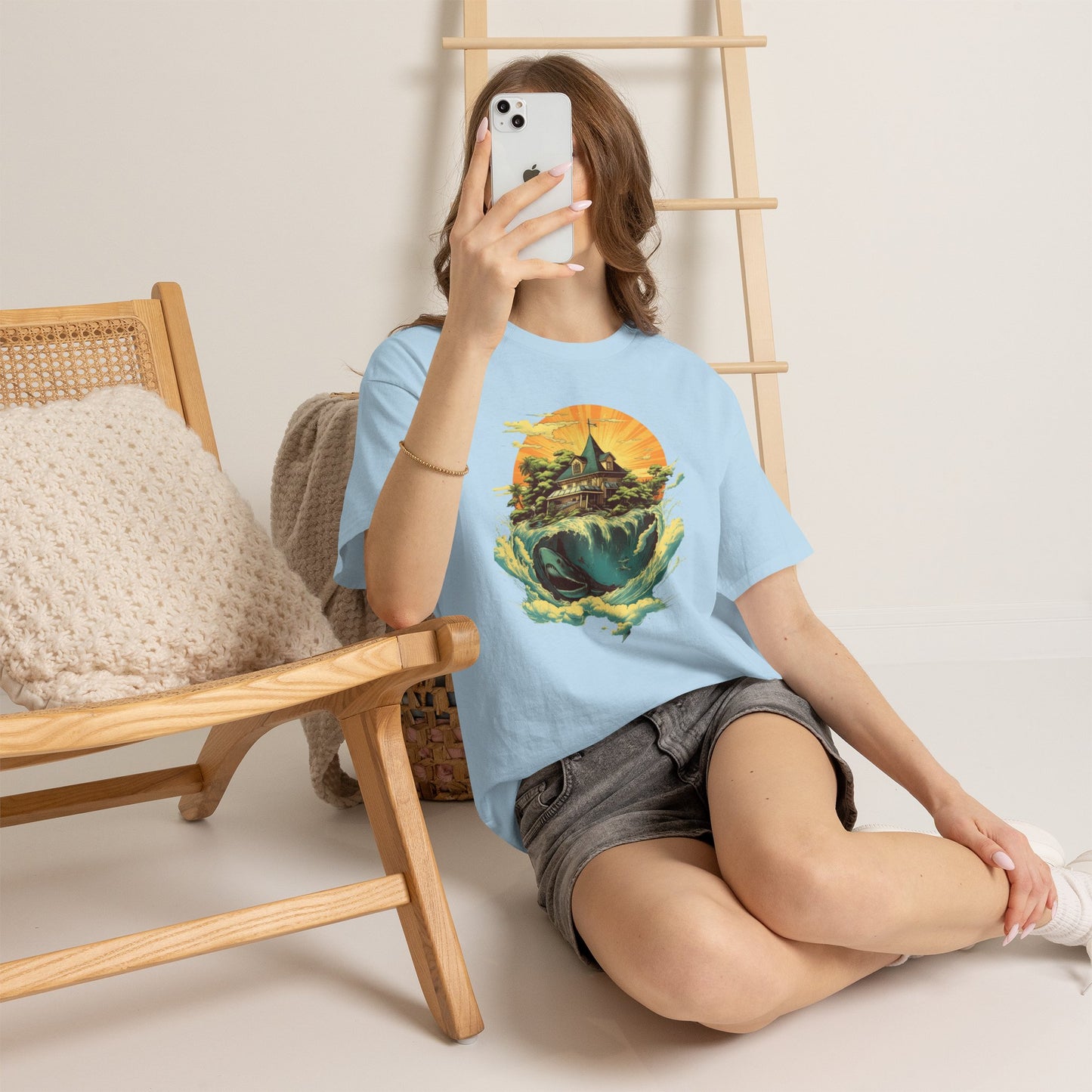 Scenic Whale & Cottage T-Shirt — Vintage Sunset Ocean Graphic Tee