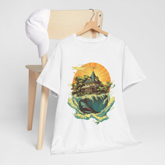 Scenic Whale & Cottage T-Shirt — Vintage Sunset Ocean Graphic Tee