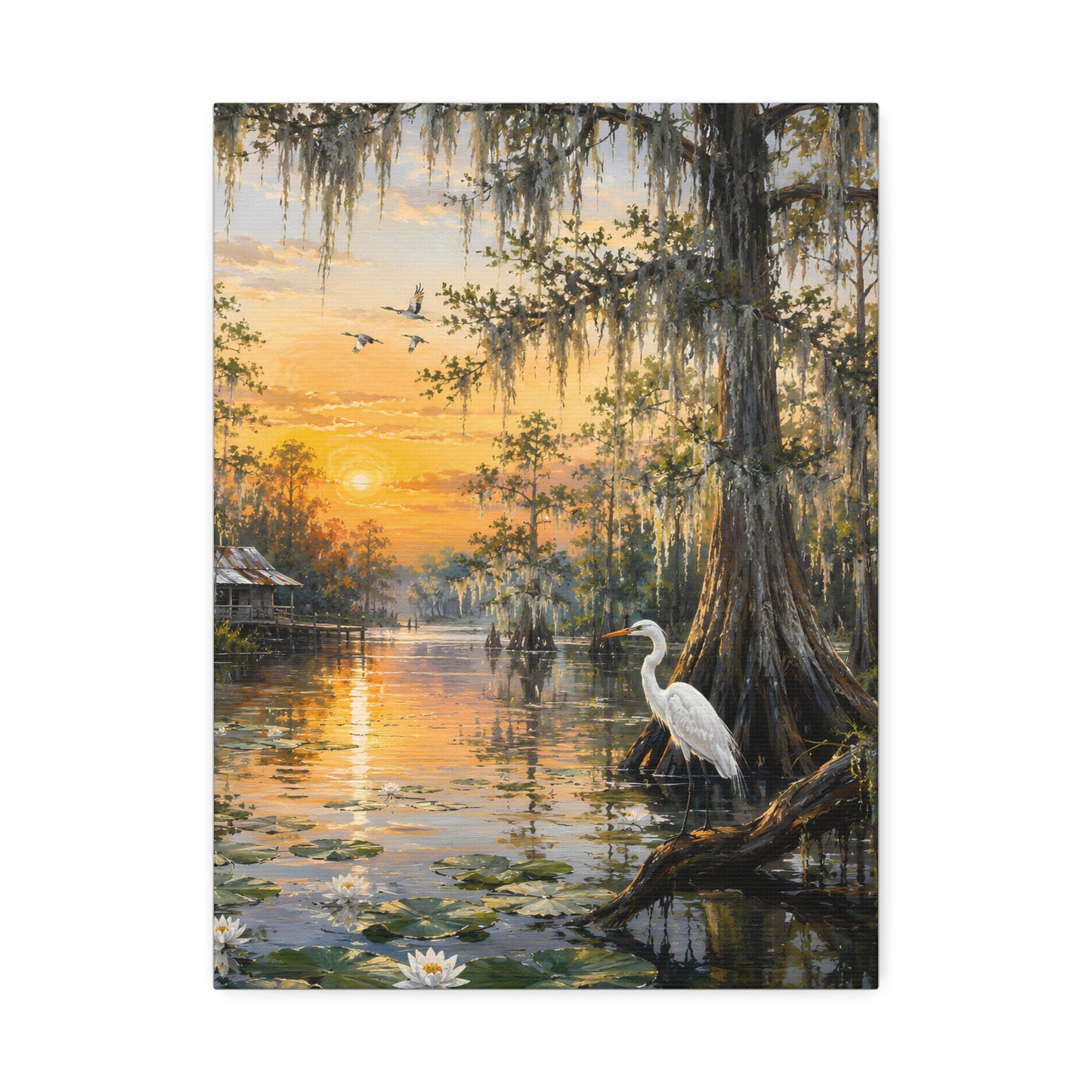 Louisiana Sunset Bayou Canvas Wall Art — Egret & Cypress Stretched Print