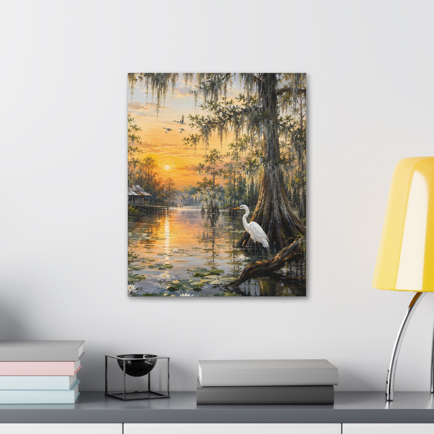 Louisiana Sunset Bayou Canvas Wall Art — Egret & Cypress Stretched Print