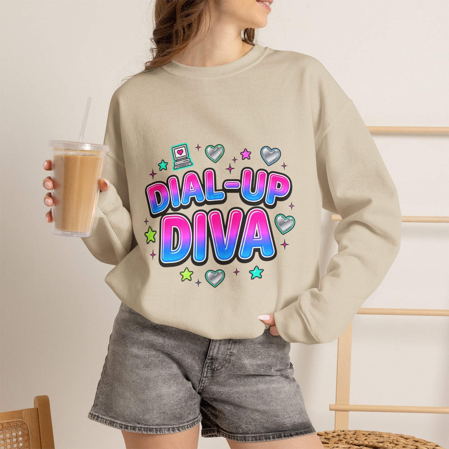 Dial-Up Diva Sweatshirt Y2K slogan, hot pink cyber nostalgia