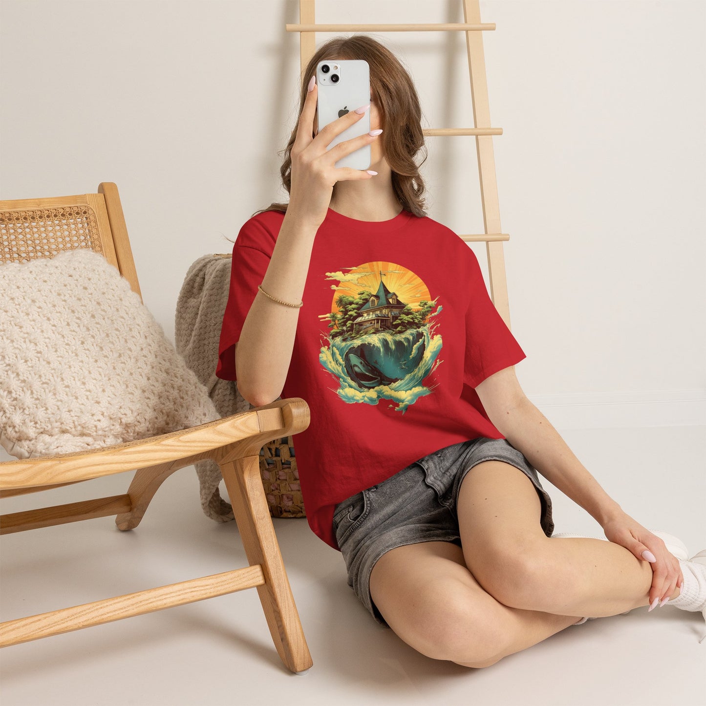 Scenic Whale & Cottage T-Shirt — Vintage Sunset Ocean Graphic Tee