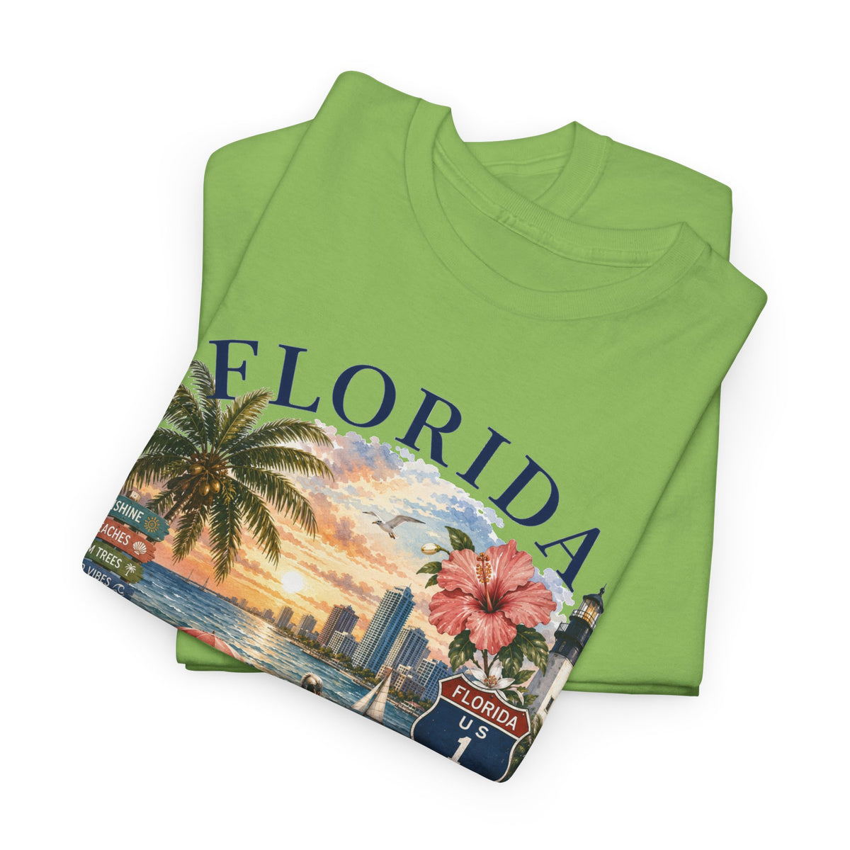 Florida Vintage Travel T-Shirt — Retro Beach Sunset, Lighthouse & Oranges Tee