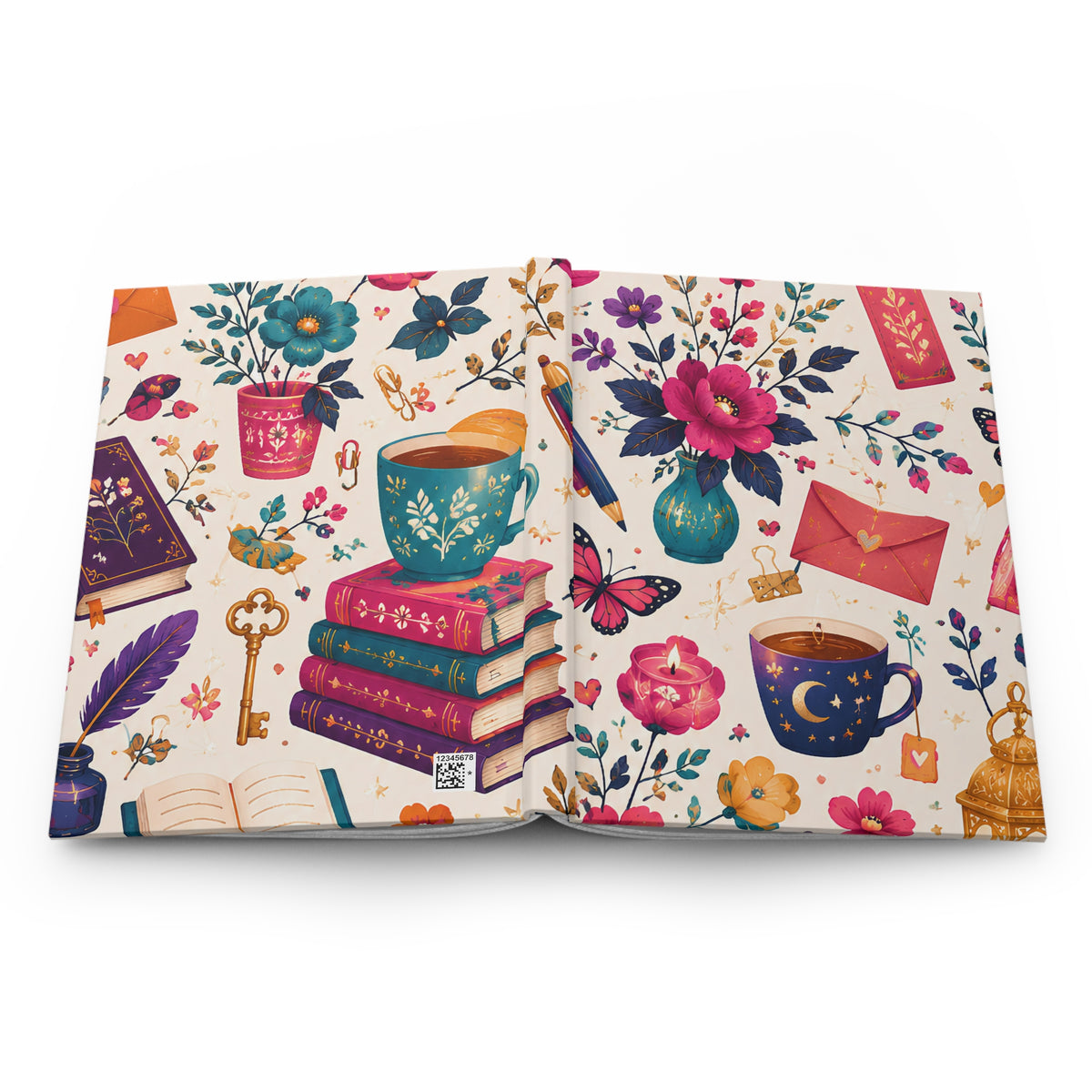 Whimsy & Wonder Floral Tea & Books Hardcover Journal — Vintage Botanical Notebook