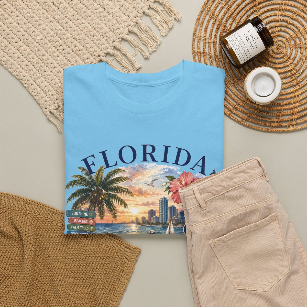 Florida Vintage Travel T-Shirt — Retro Beach Sunset, Lighthouse & Oranges Tee