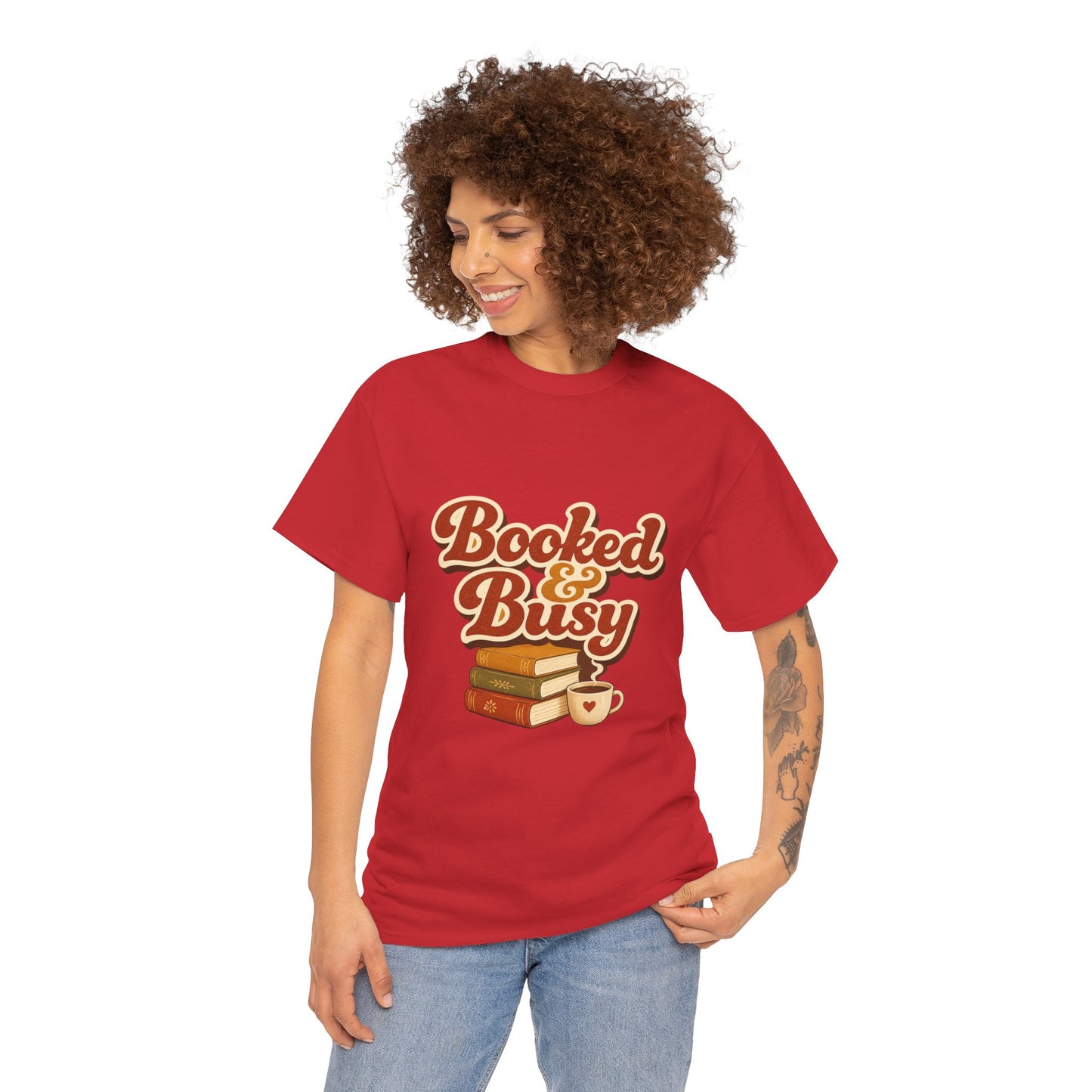 Booked & Busy T-Shirt — Cozy Book Lover Tee with Coffee Stack