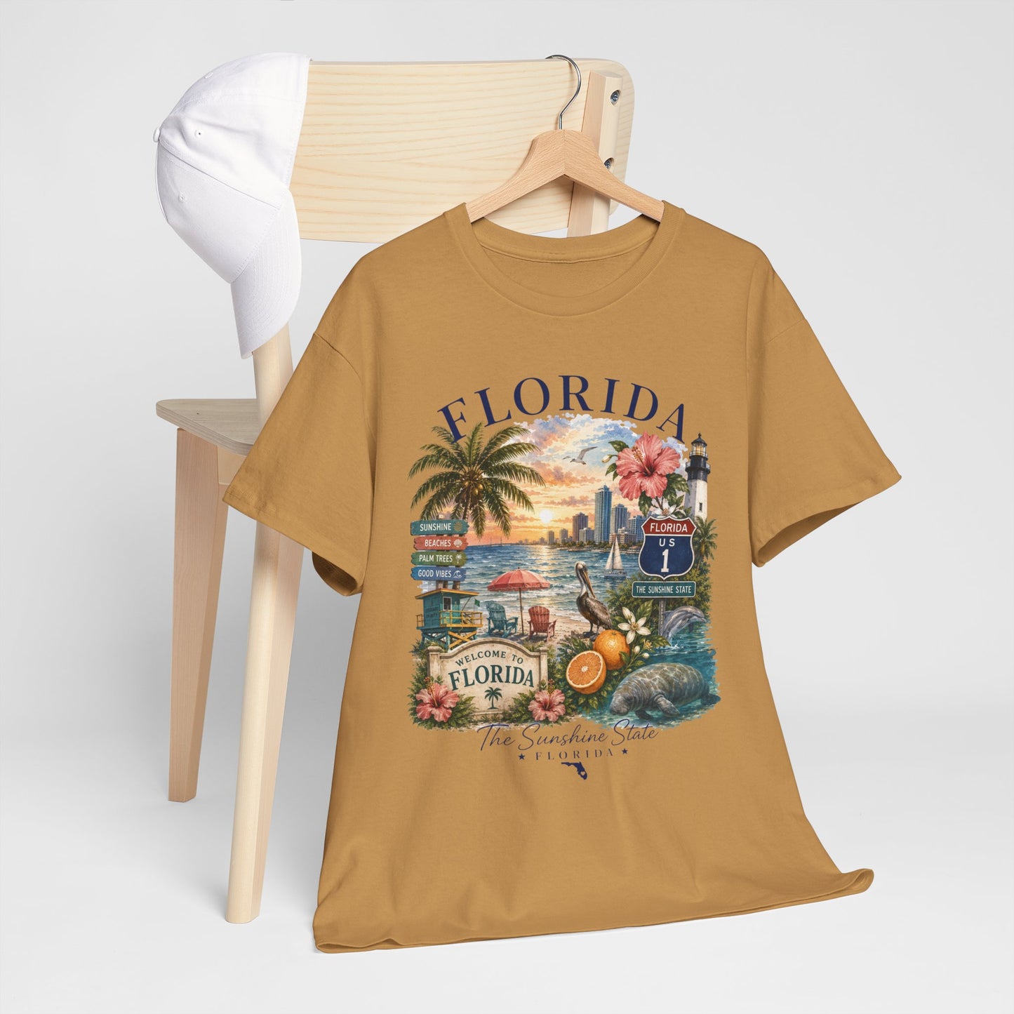 Florida Vintage Travel T-Shirt — Retro Beach Sunset, Lighthouse & Oranges Tee