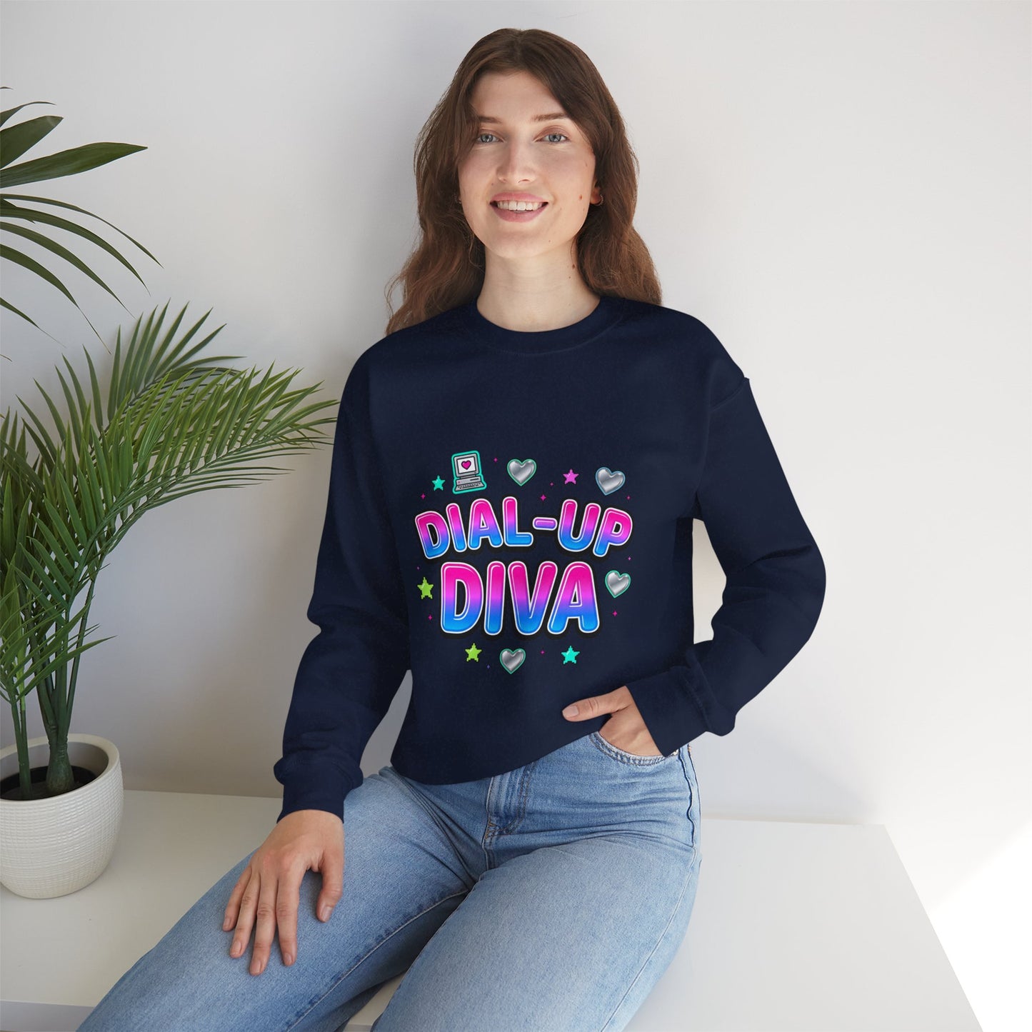 Dial-Up Diva Sweatshirt Y2K slogan, hot pink cyber nostalgia