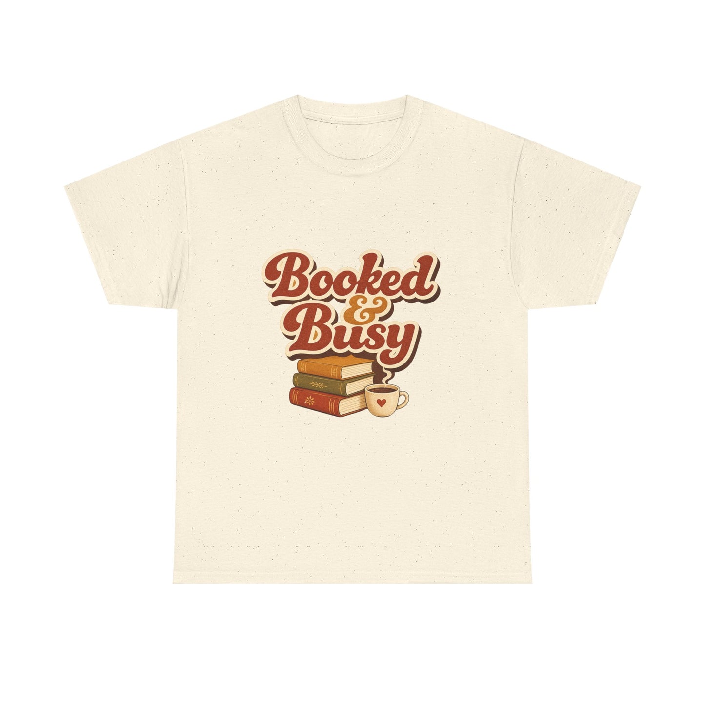 Booked & Busy T-Shirt — Cozy Book Lover Tee with Coffee Stack