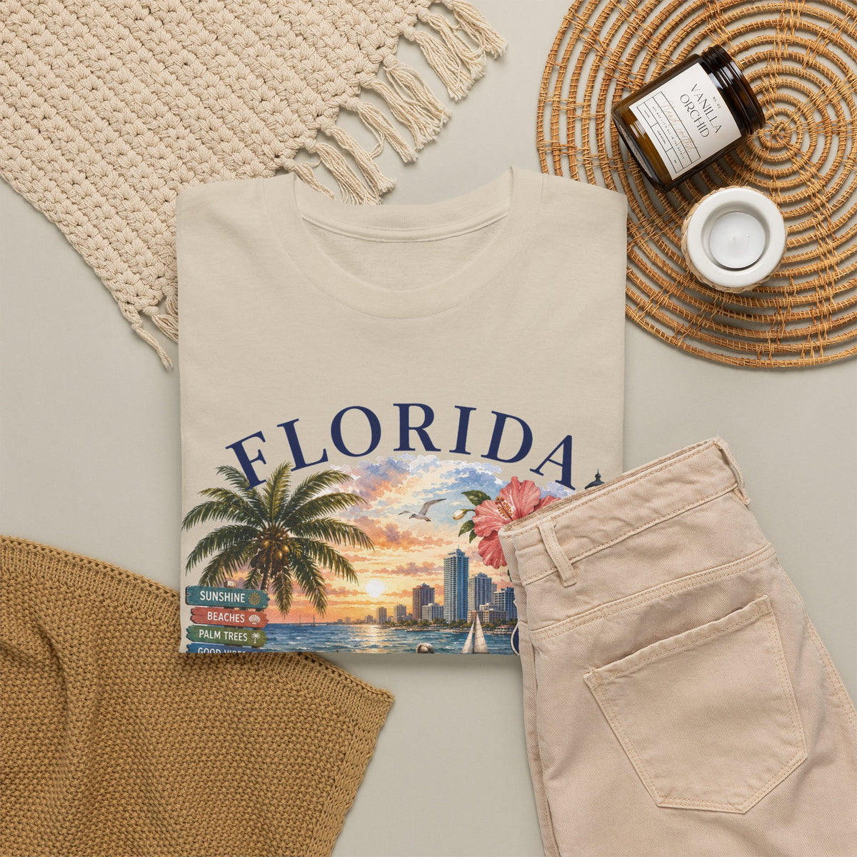 Florida Vintage Travel T-Shirt — Retro Beach Sunset, Lighthouse & Oranges Tee