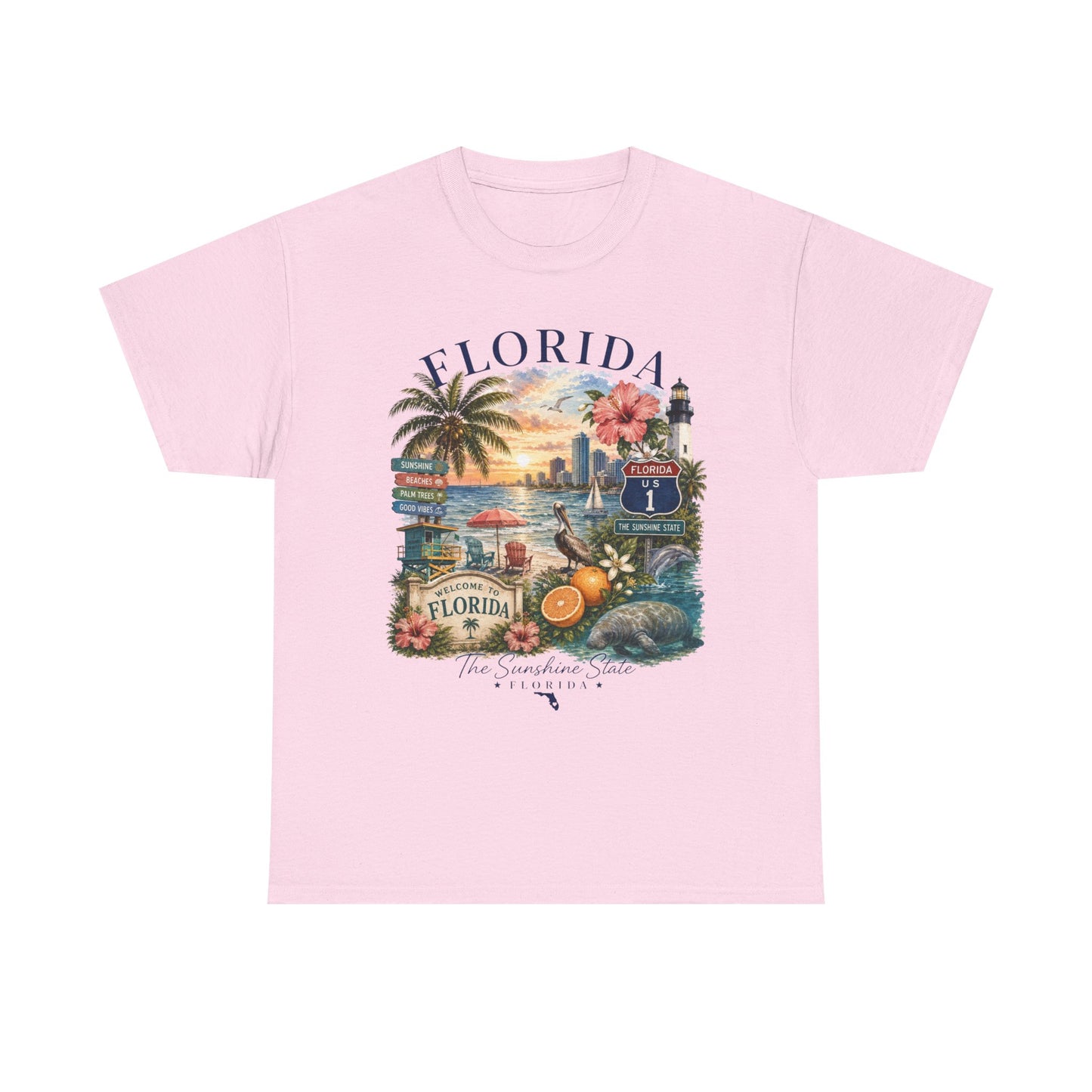 Florida Vintage Travel T-Shirt — Retro Beach Sunset, Lighthouse & Oranges Tee