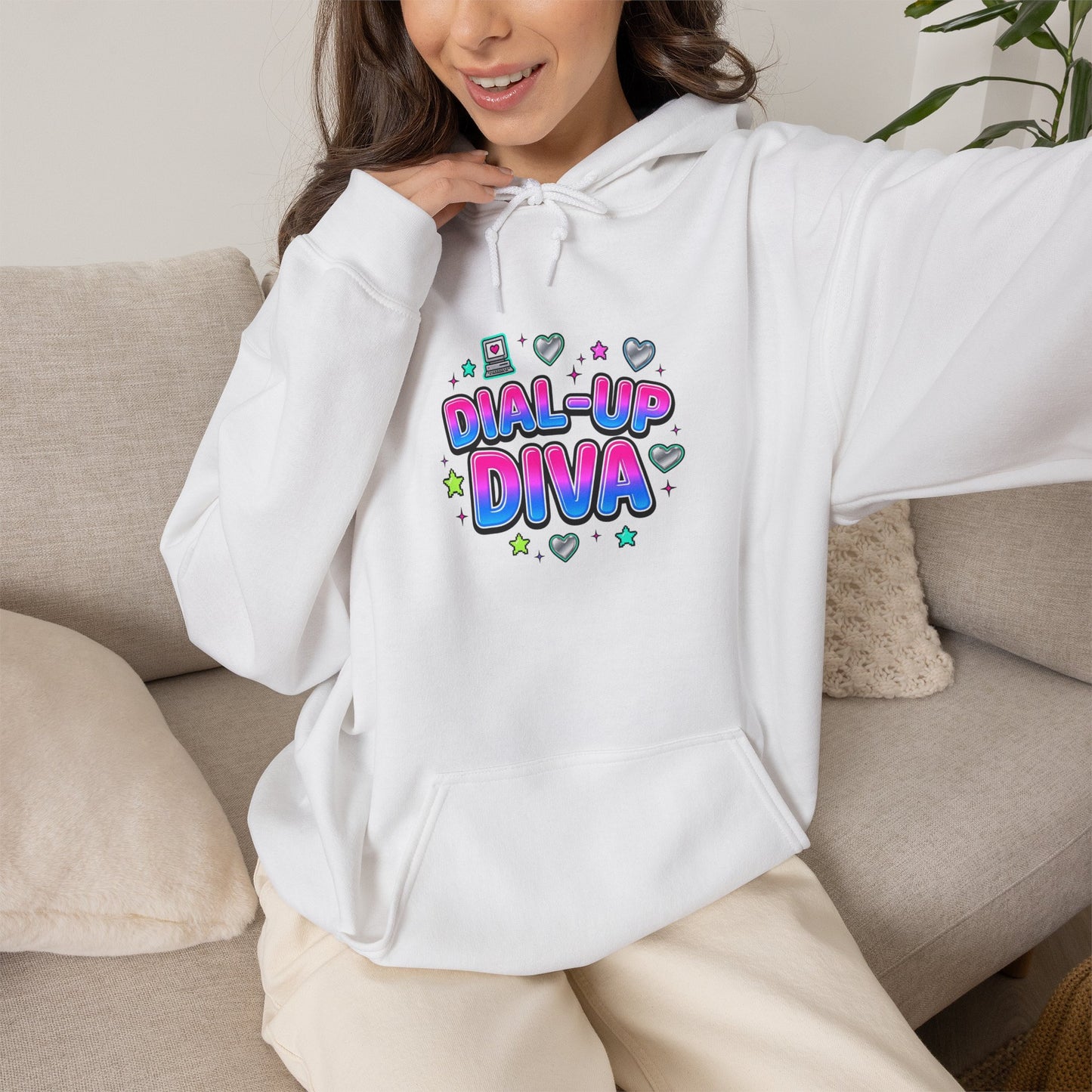 Dial-Up Diva Hoodie Y2K slogan, hot pink bubble text, cyber nostalgia