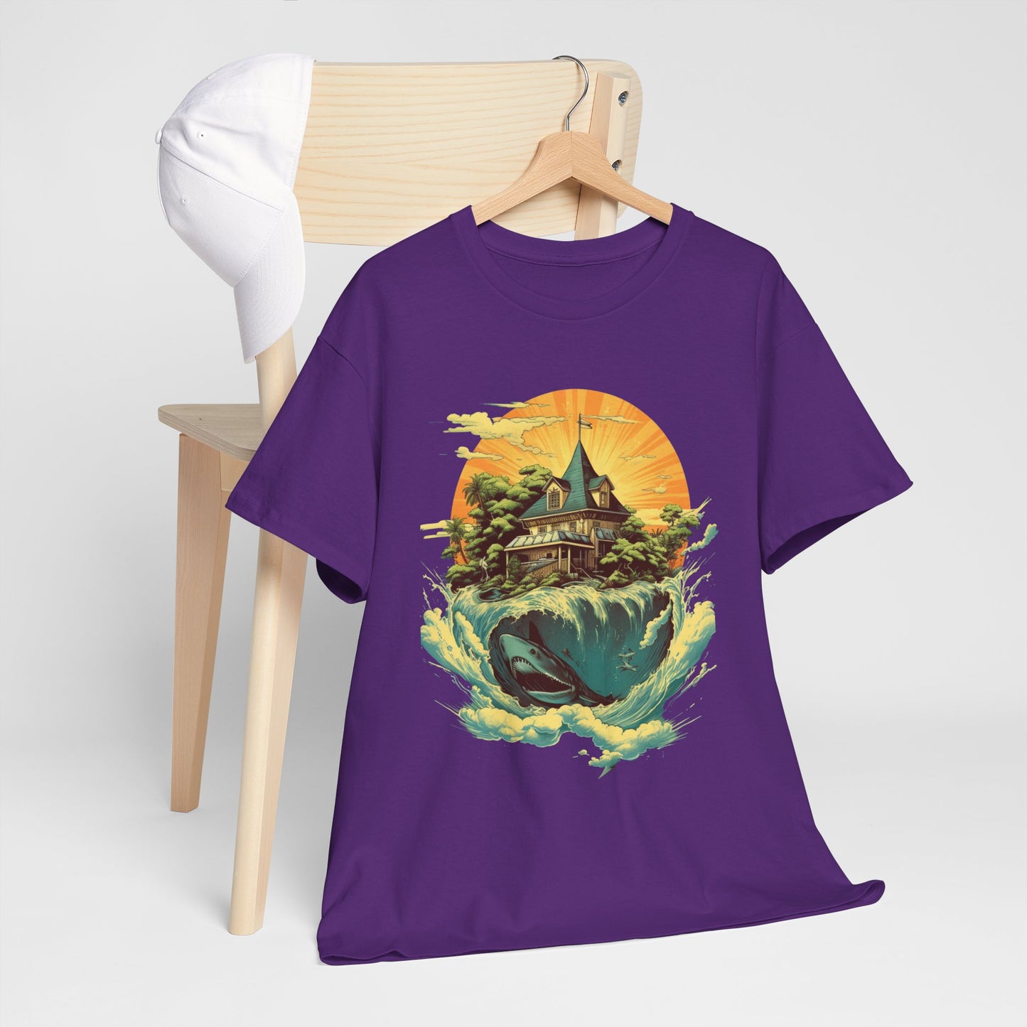 Scenic Whale & Cottage T-Shirt — Vintage Sunset Ocean Graphic Tee