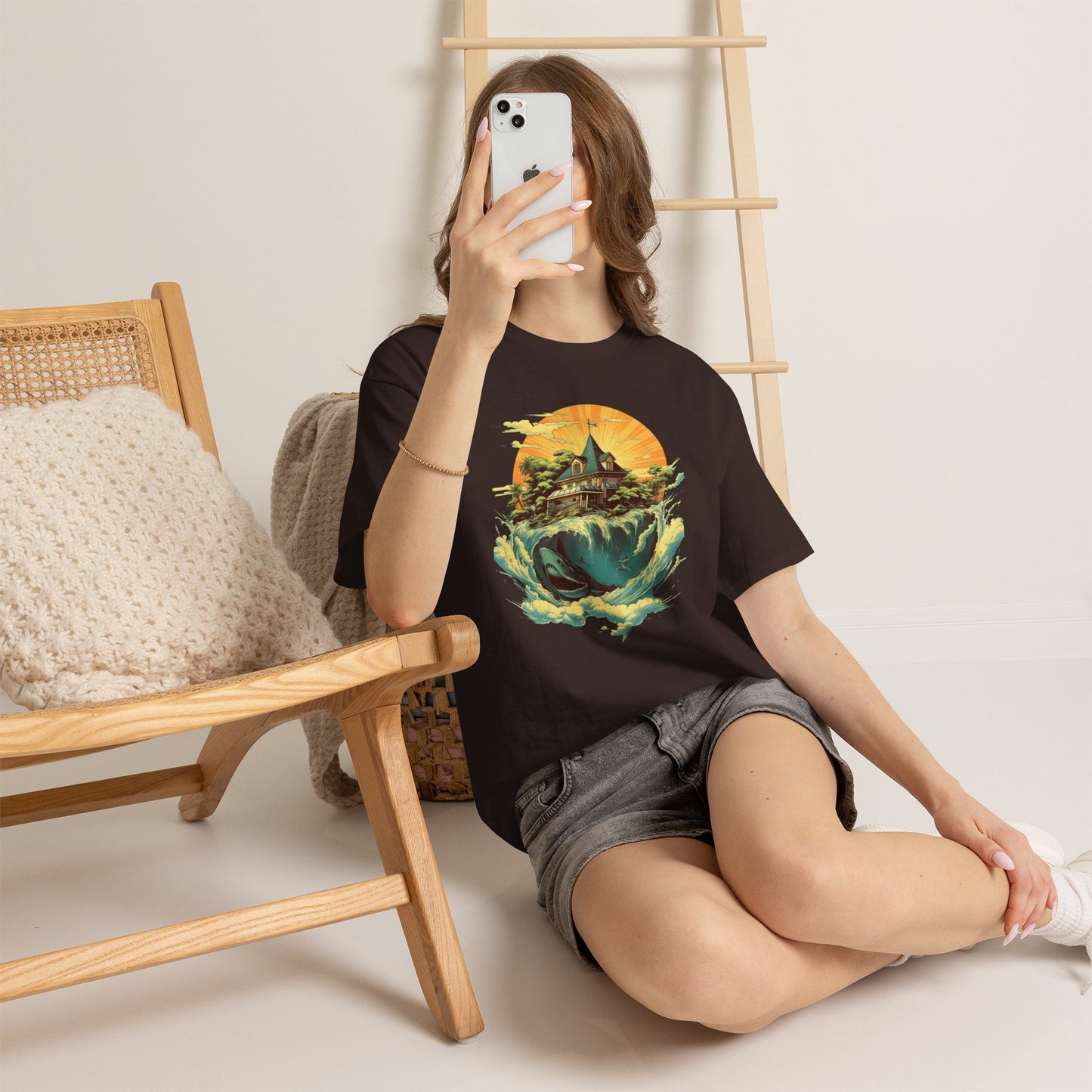 Scenic Whale & Cottage T-Shirt — Vintage Sunset Ocean Graphic Tee