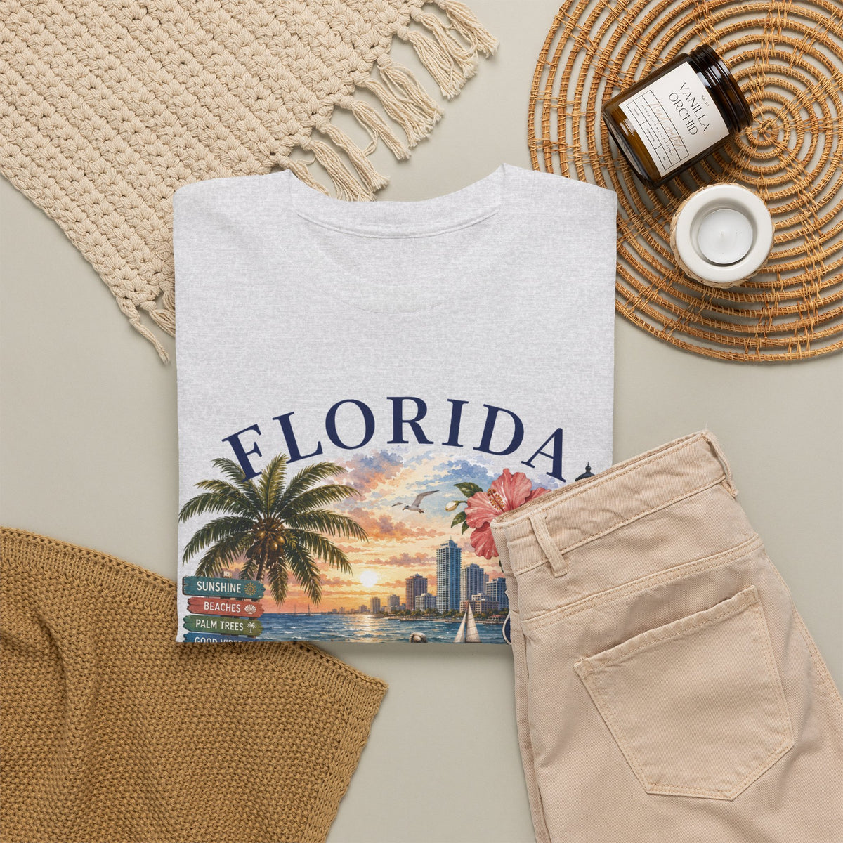 Florida Vintage Travel T-Shirt — Retro Beach Sunset, Lighthouse & Oranges Tee