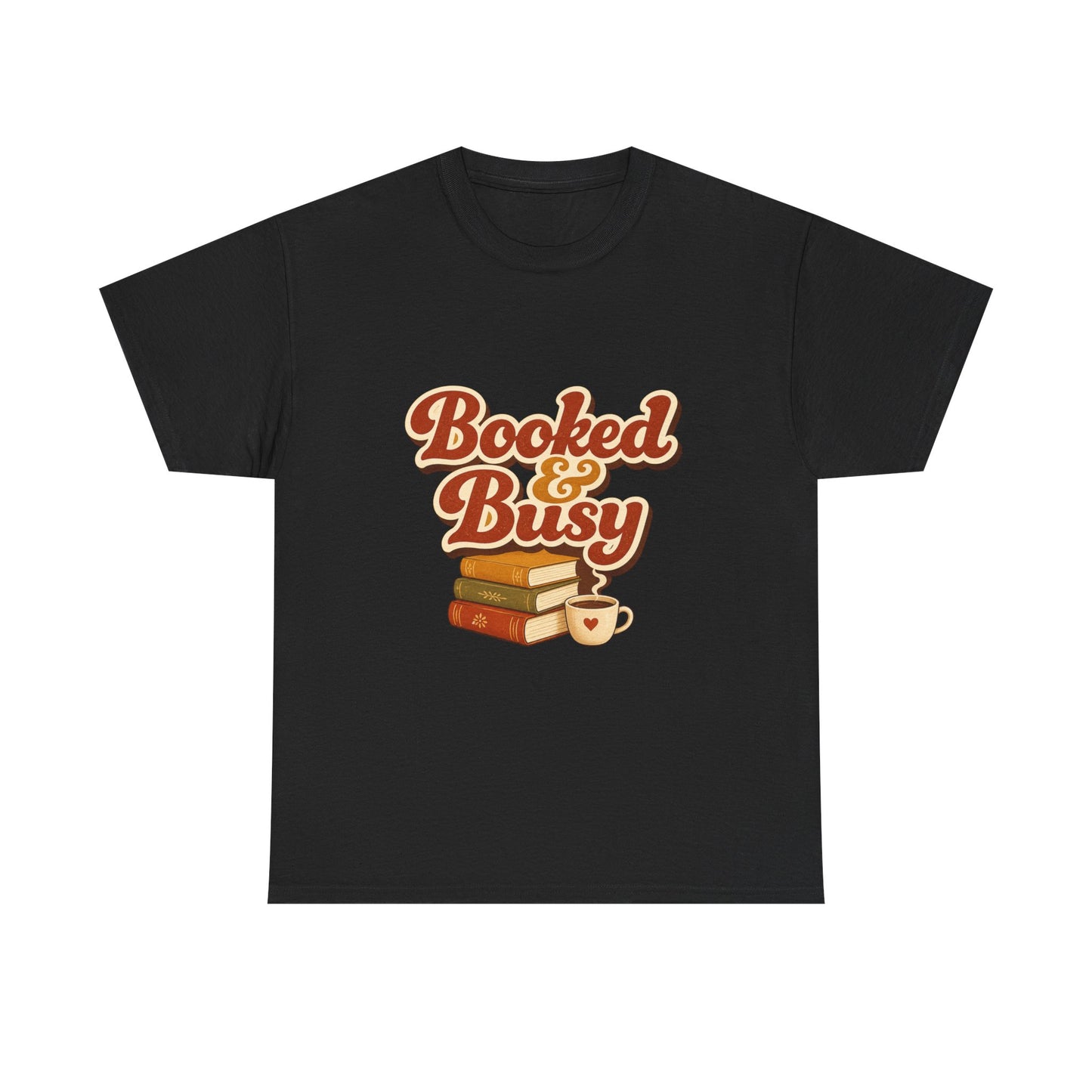 Booked & Busy T-Shirt — Cozy Book Lover Tee with Coffee Stack