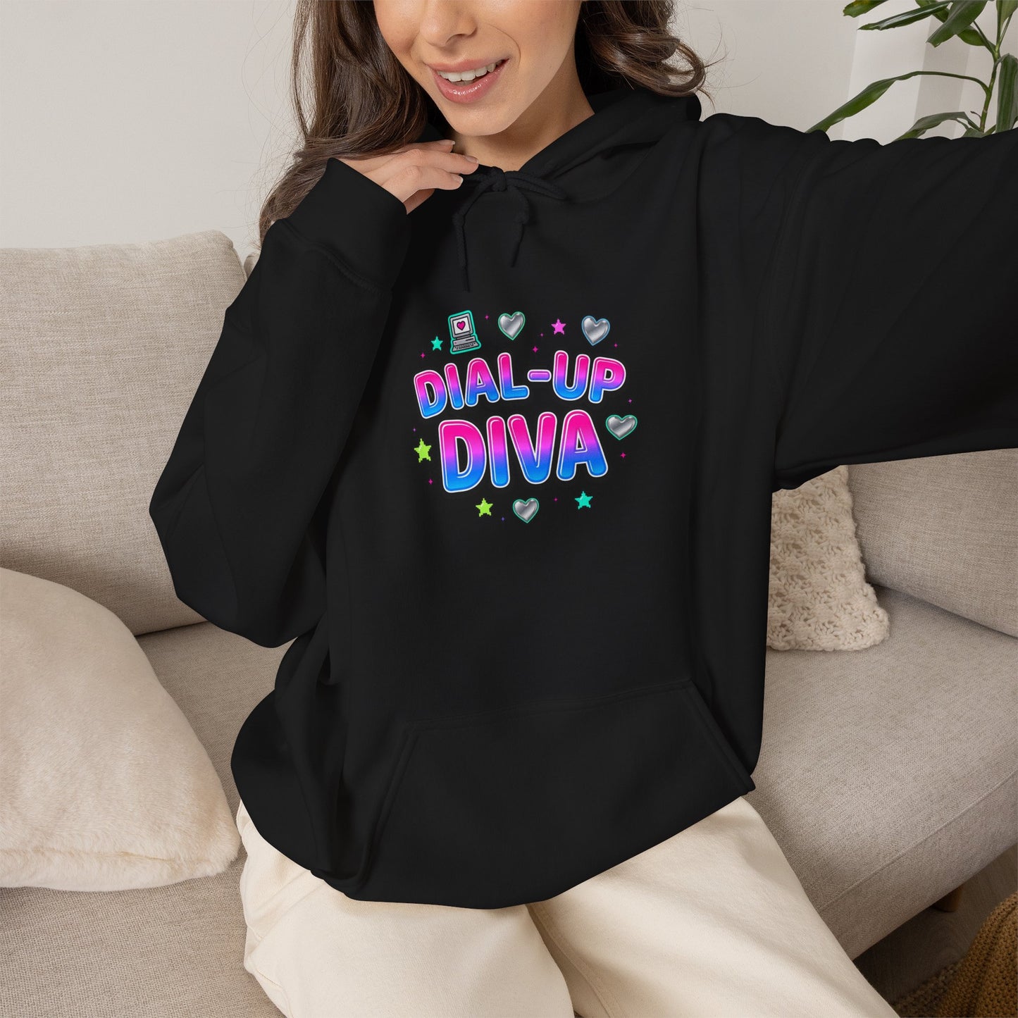Dial-Up Diva Hoodie Y2K slogan, hot pink bubble text, cyber nostalgia