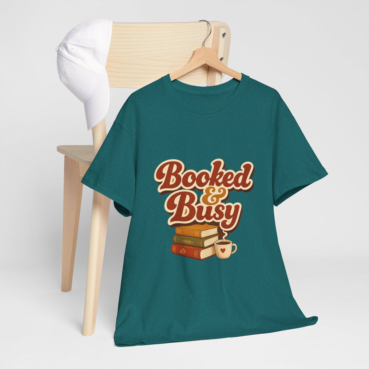 Booked & Busy T-Shirt — Cozy Book Lover Tee with Coffee Stack