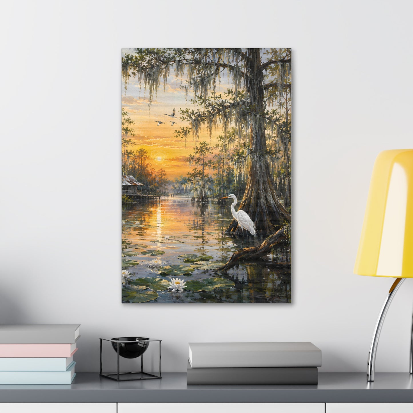 Louisiana Sunset Bayou Canvas Wall Art — Egret & Cypress Stretched Print
