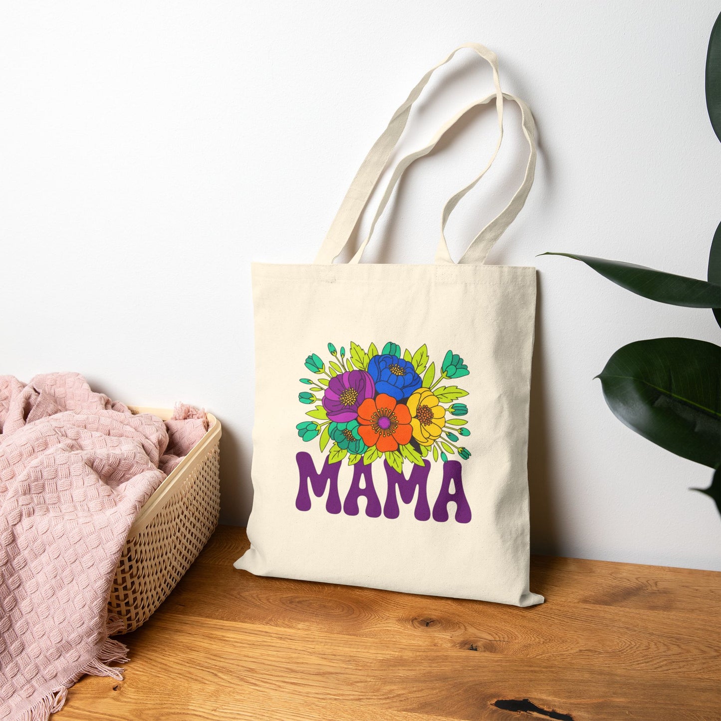 Mama Floral Tote Bag Cotton Canvas Shopper with Flower Design