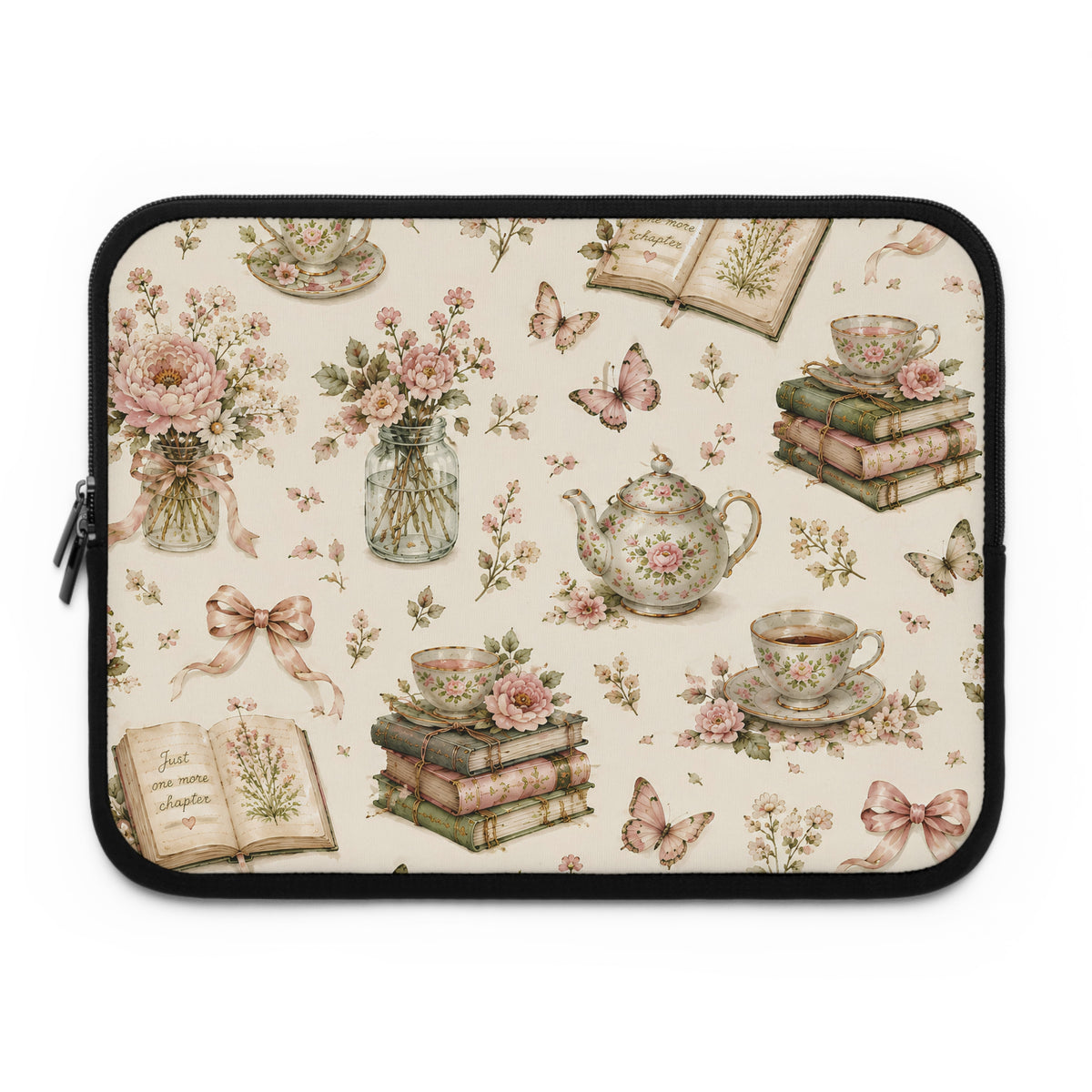 Tea & Pages Floral Bookish Laptop Sleeve — Tea Cup, Books & Blossoms Protective Case