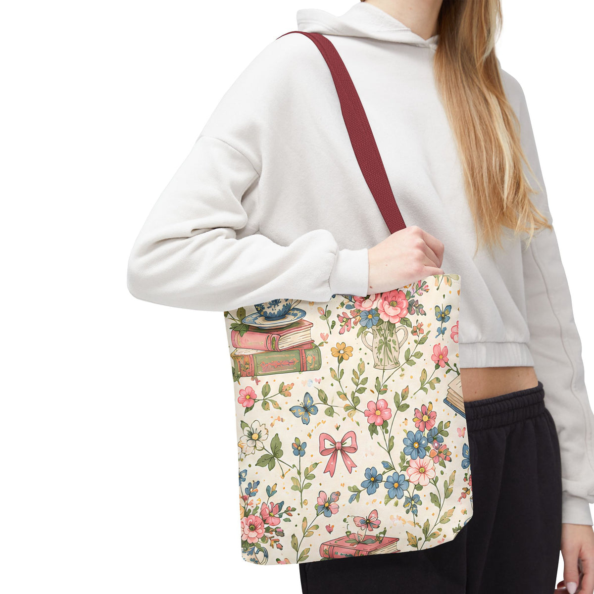 Bookish Blooms Floral Books Tote Bag — Vintage Garden Print AOP