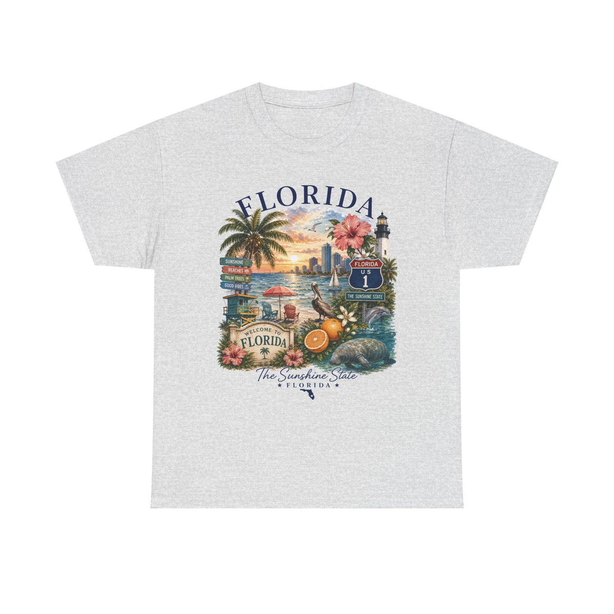 Florida Vintage Travel T-Shirt — Retro Beach Sunset, Lighthouse & Oranges Tee