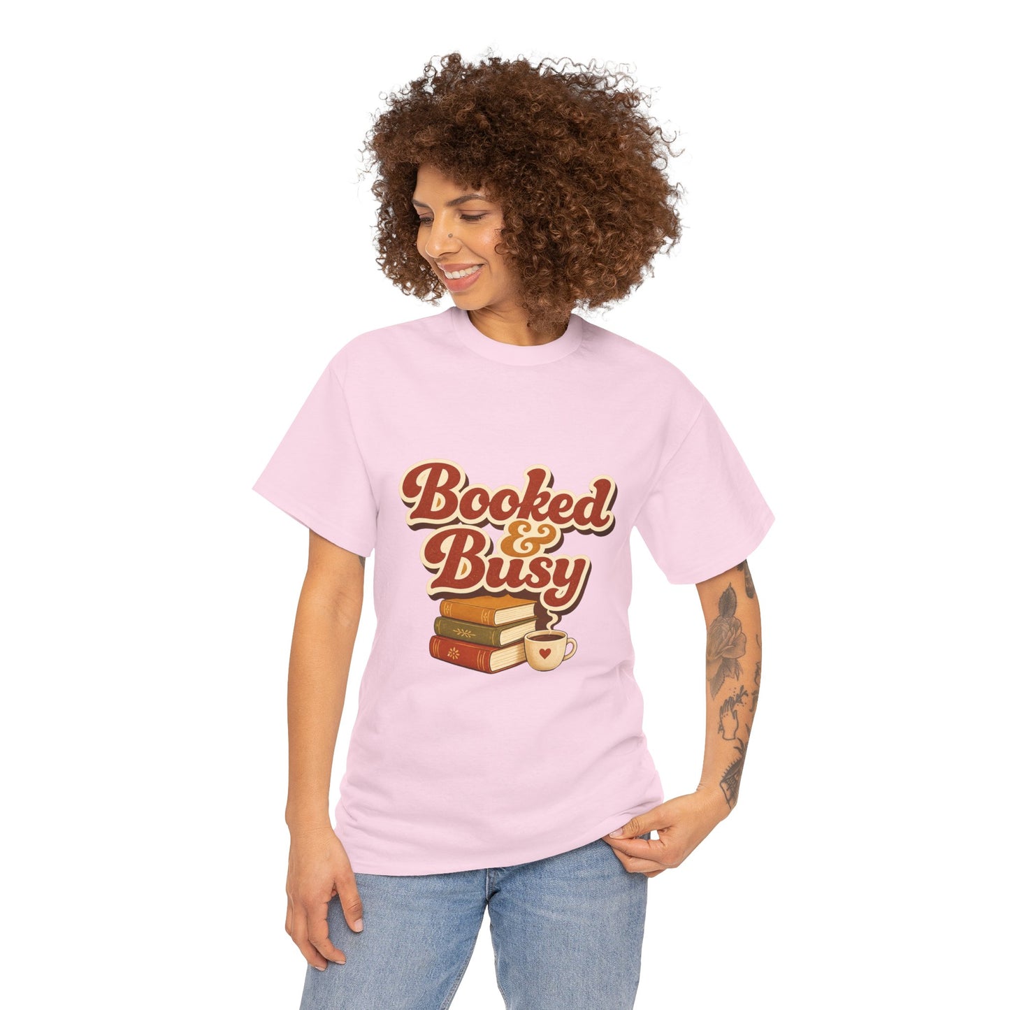 Booked & Busy T-Shirt — Cozy Book Lover Tee with Coffee Stack