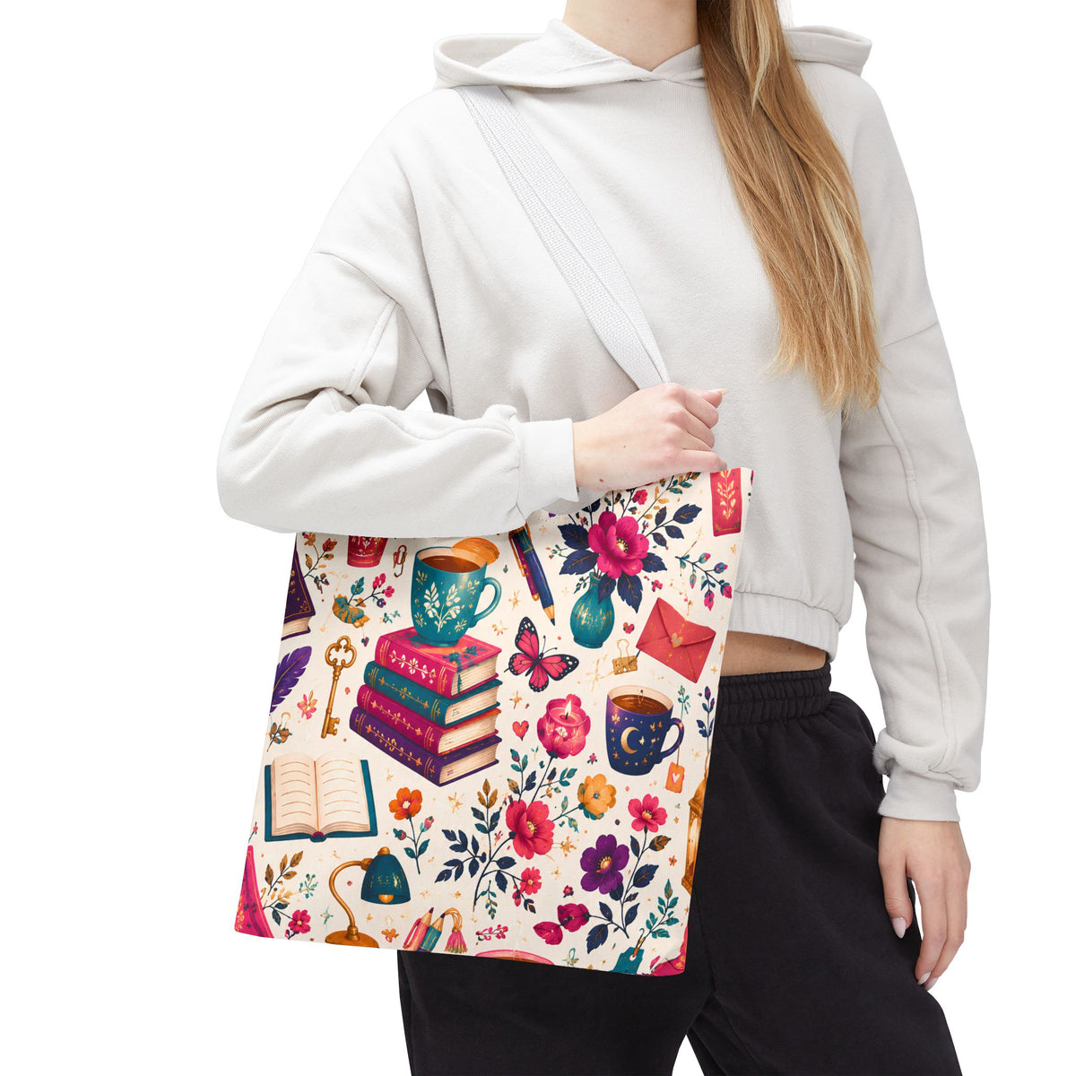 Whimsy & Wonder Floral Books Tote Bag — Vintage Garden Print AOP