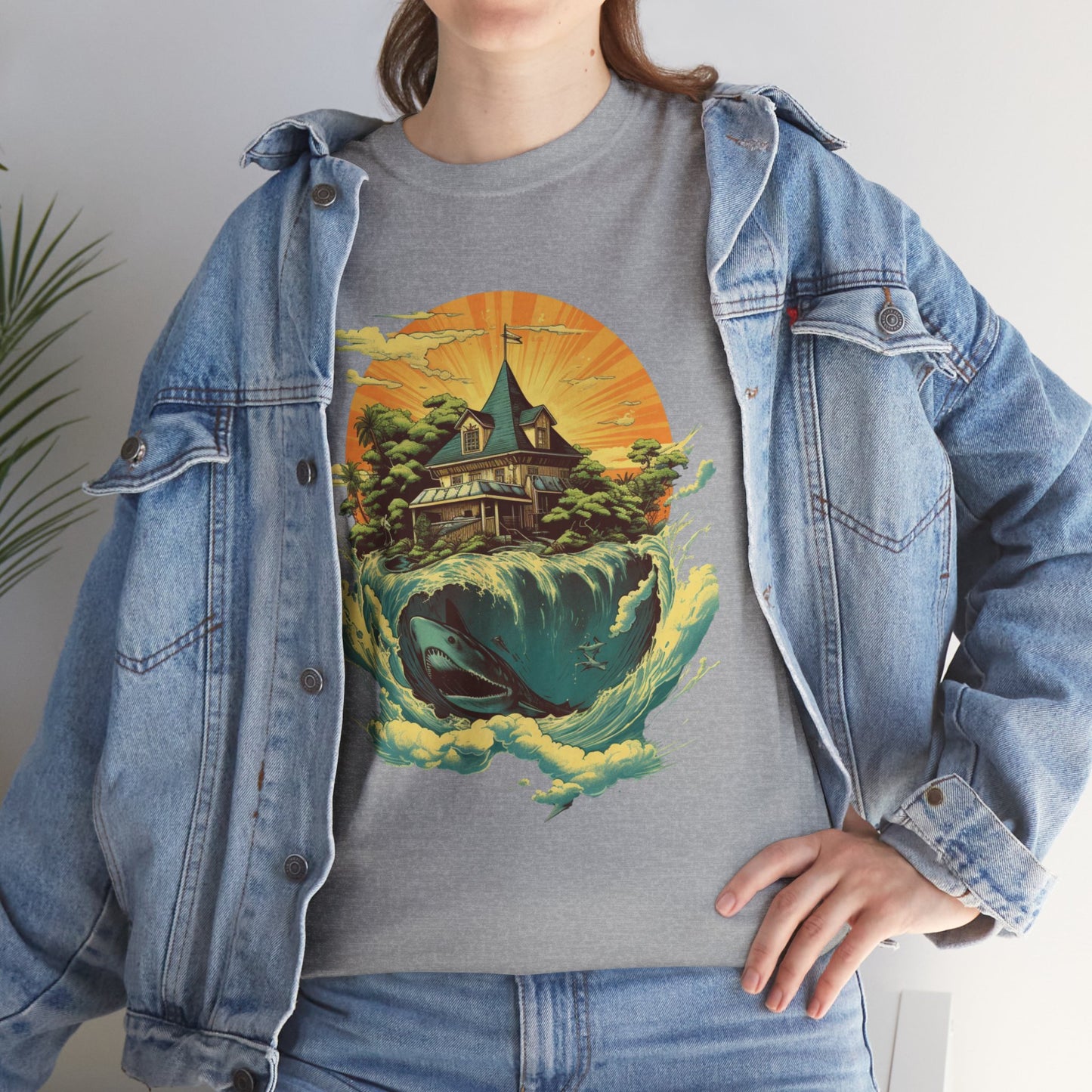 Scenic Whale & Cottage T-Shirt — Vintage Sunset Ocean Graphic Tee