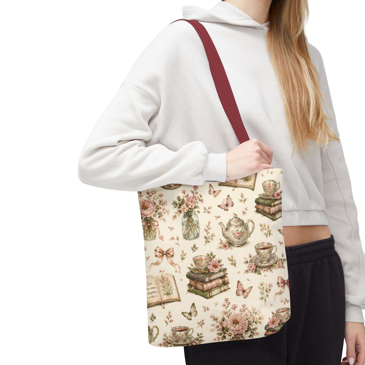 Tea & Pages Floral Books Tote Bag — Vintage Garden Print AOP