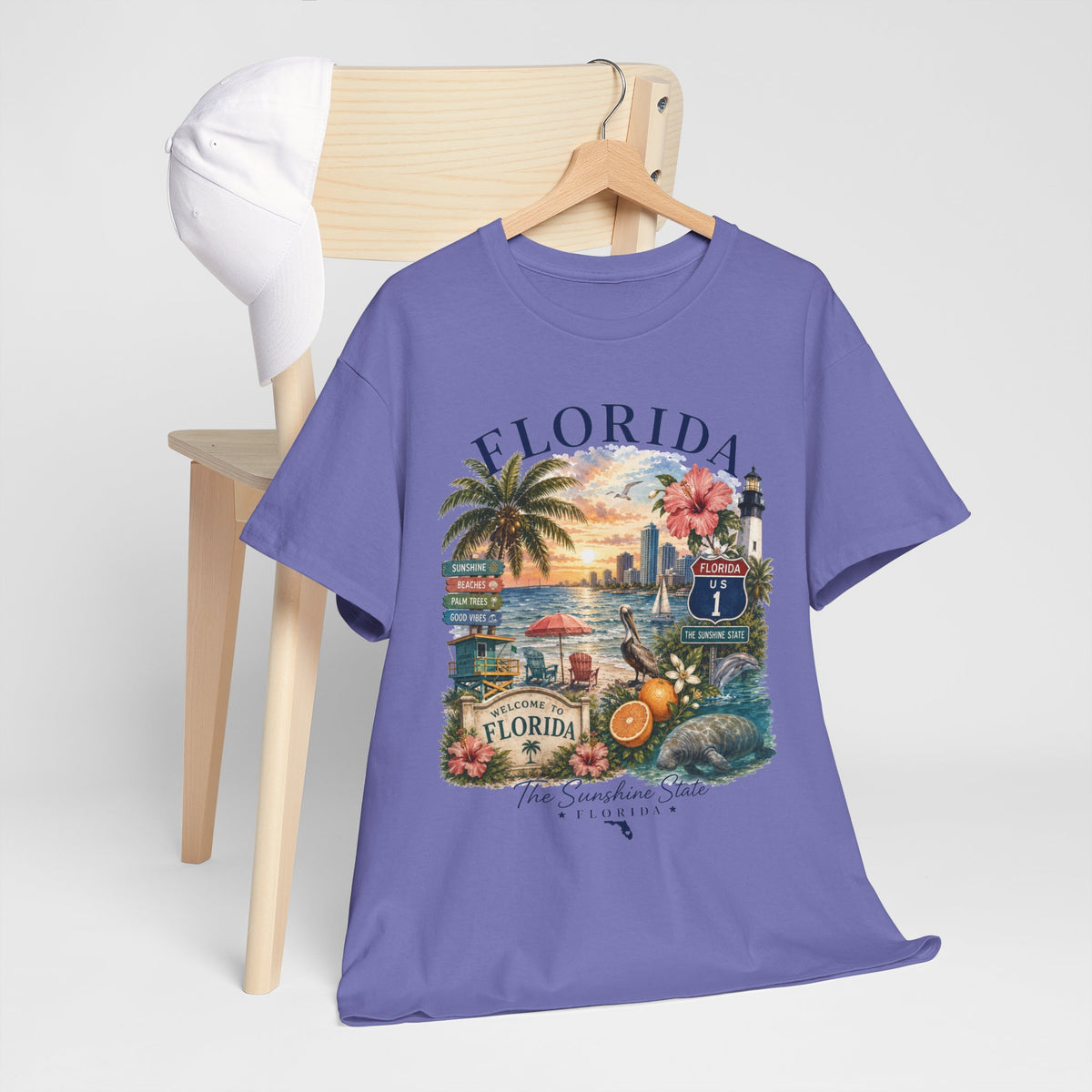 Florida Vintage Travel T-Shirt — Retro Beach Sunset, Lighthouse & Oranges Tee