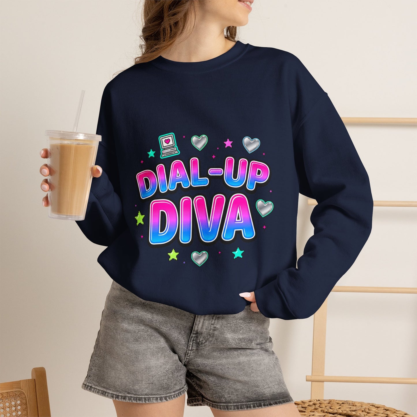 Dial-Up Diva Sweatshirt Y2K slogan, hot pink cyber nostalgia