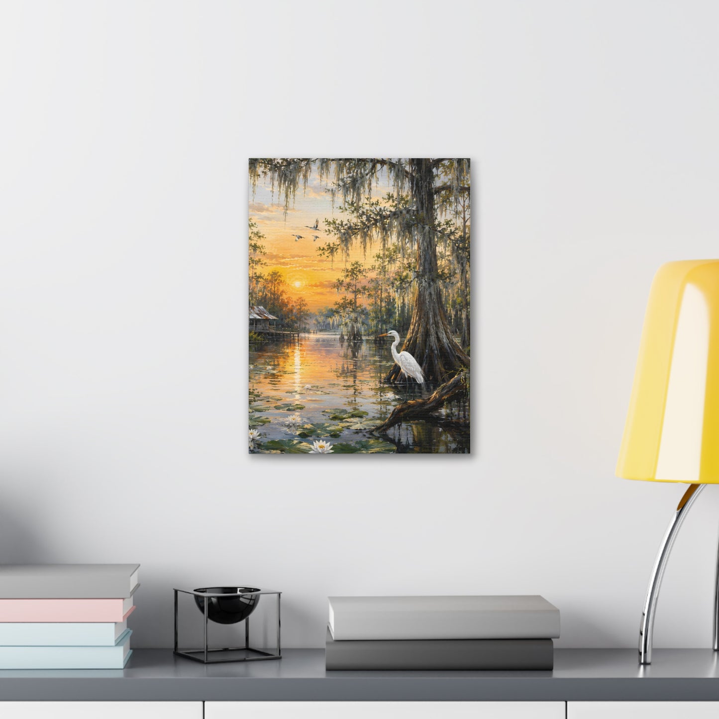 Louisiana Sunset Bayou Canvas Wall Art — Egret & Cypress Stretched Print
