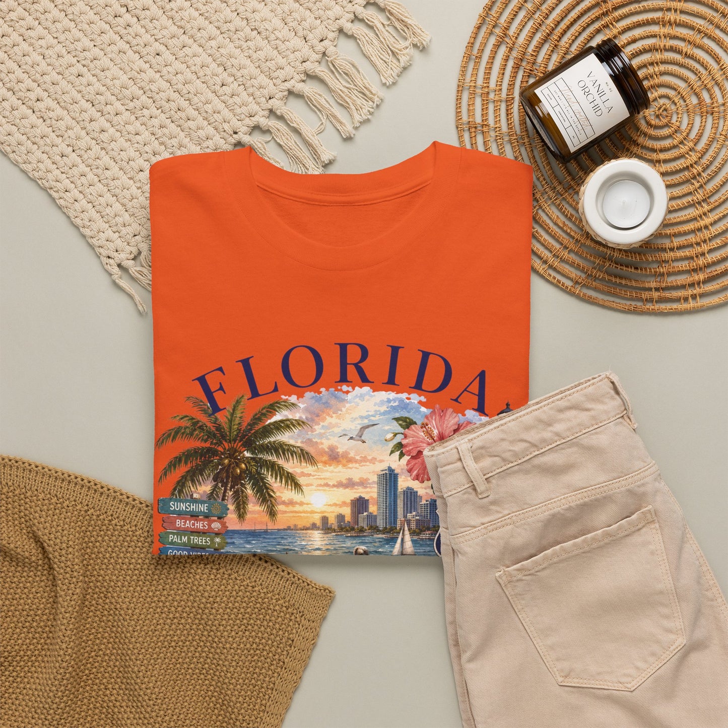 Florida Vintage Travel T-Shirt — Retro Beach Sunset, Lighthouse & Oranges Tee