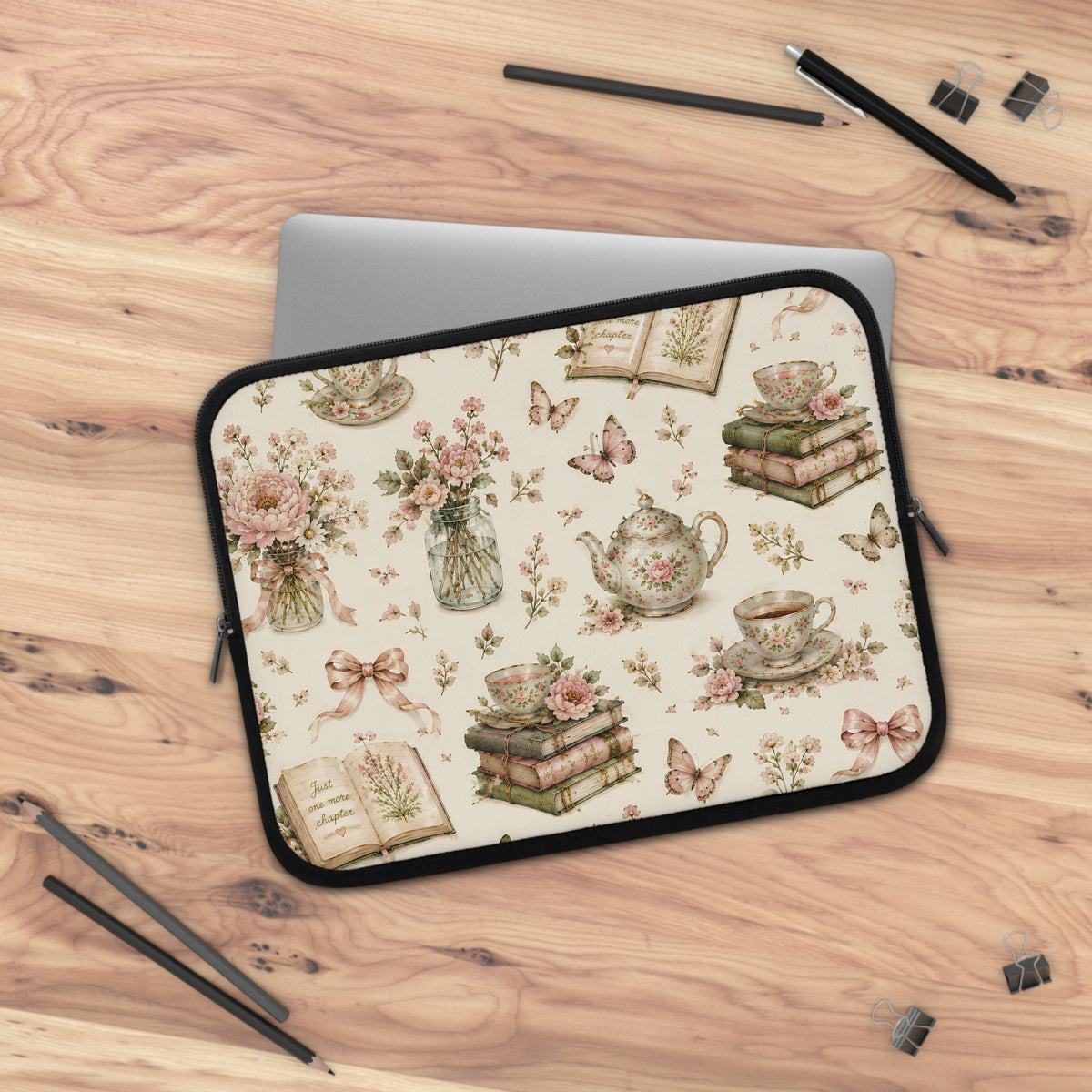 Tea & Pages Floral Bookish Laptop Sleeve — Tea Cup, Books & Blossoms Protective Case