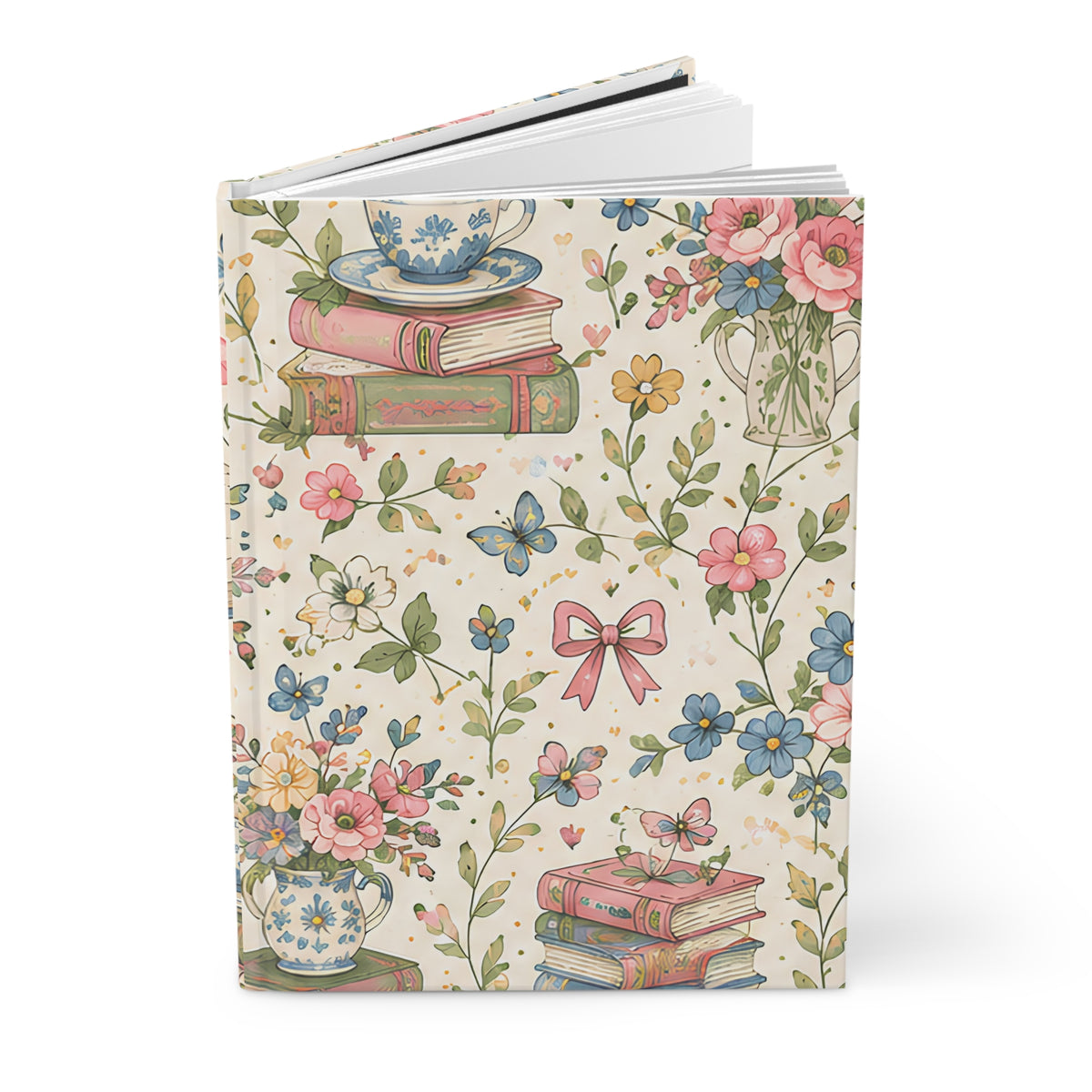 Bookish Blooms Floral Tea & Books Hardcover Journal — Vintage Botanical Notebook