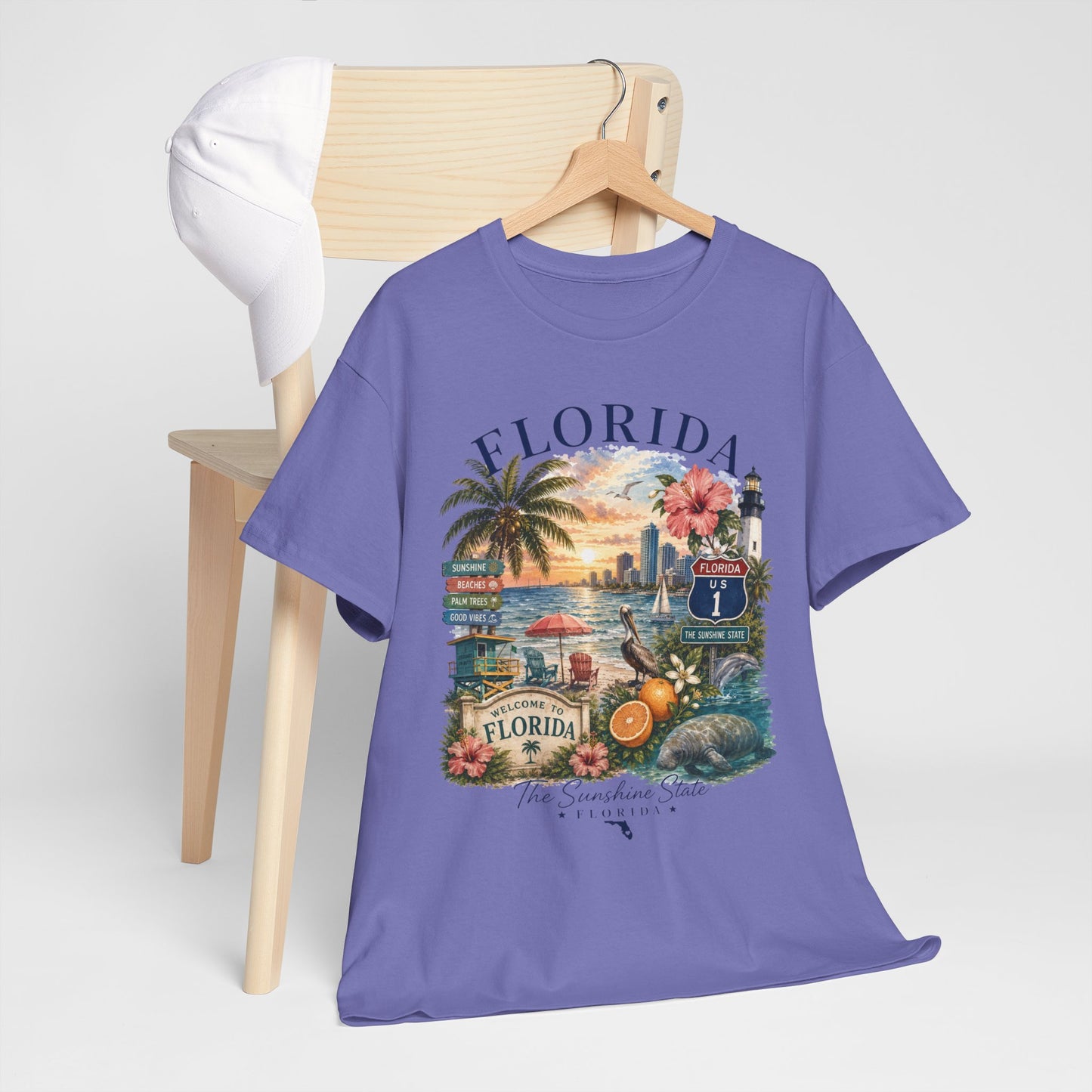 Florida Vintage Travel T-Shirt — Retro Beach Sunset, Lighthouse & Oranges Tee