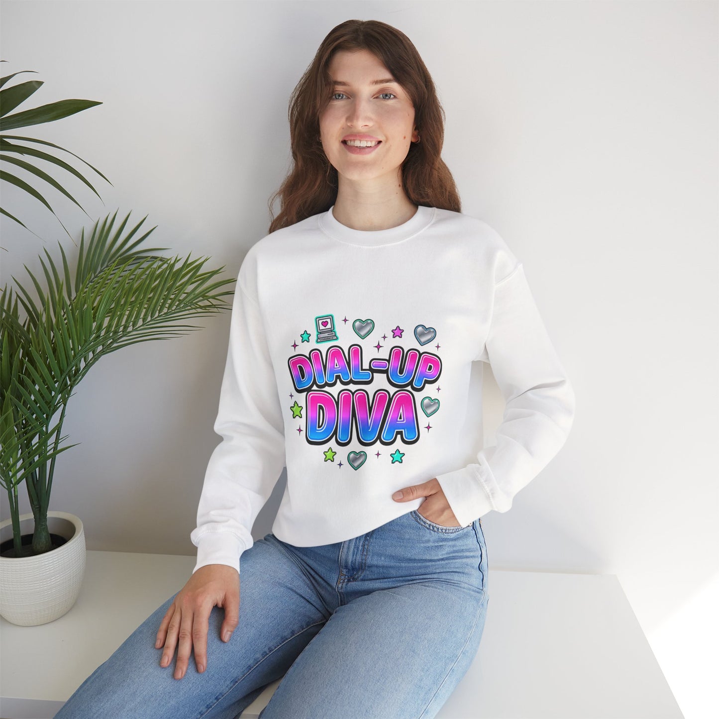 Dial-Up Diva Sweatshirt Y2K slogan, hot pink cyber nostalgia