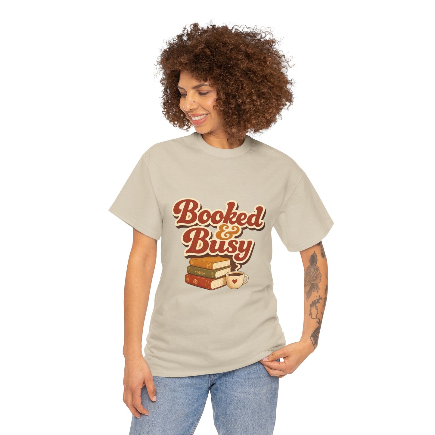 Booked & Busy T-Shirt — Cozy Book Lover Tee with Coffee Stack