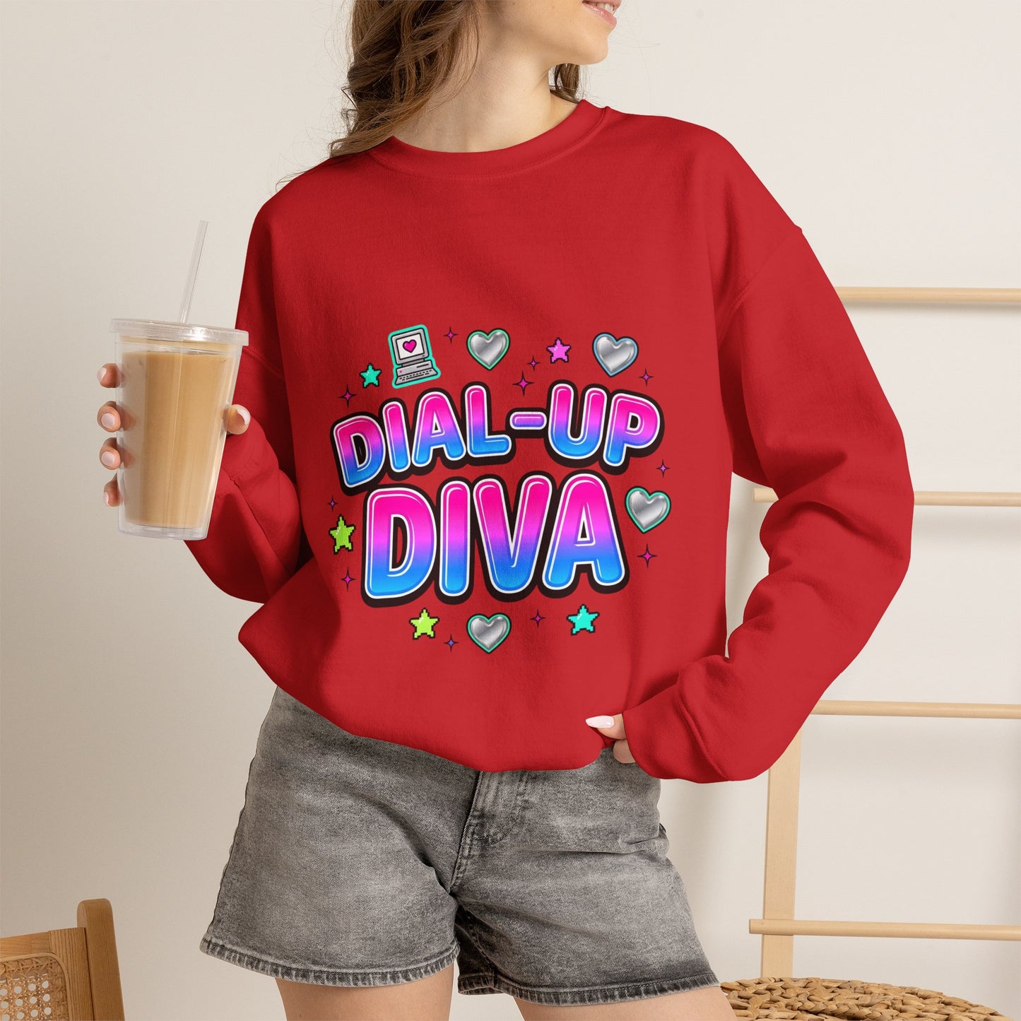 Dial-Up Diva Sweatshirt Y2K slogan, hot pink cyber nostalgia