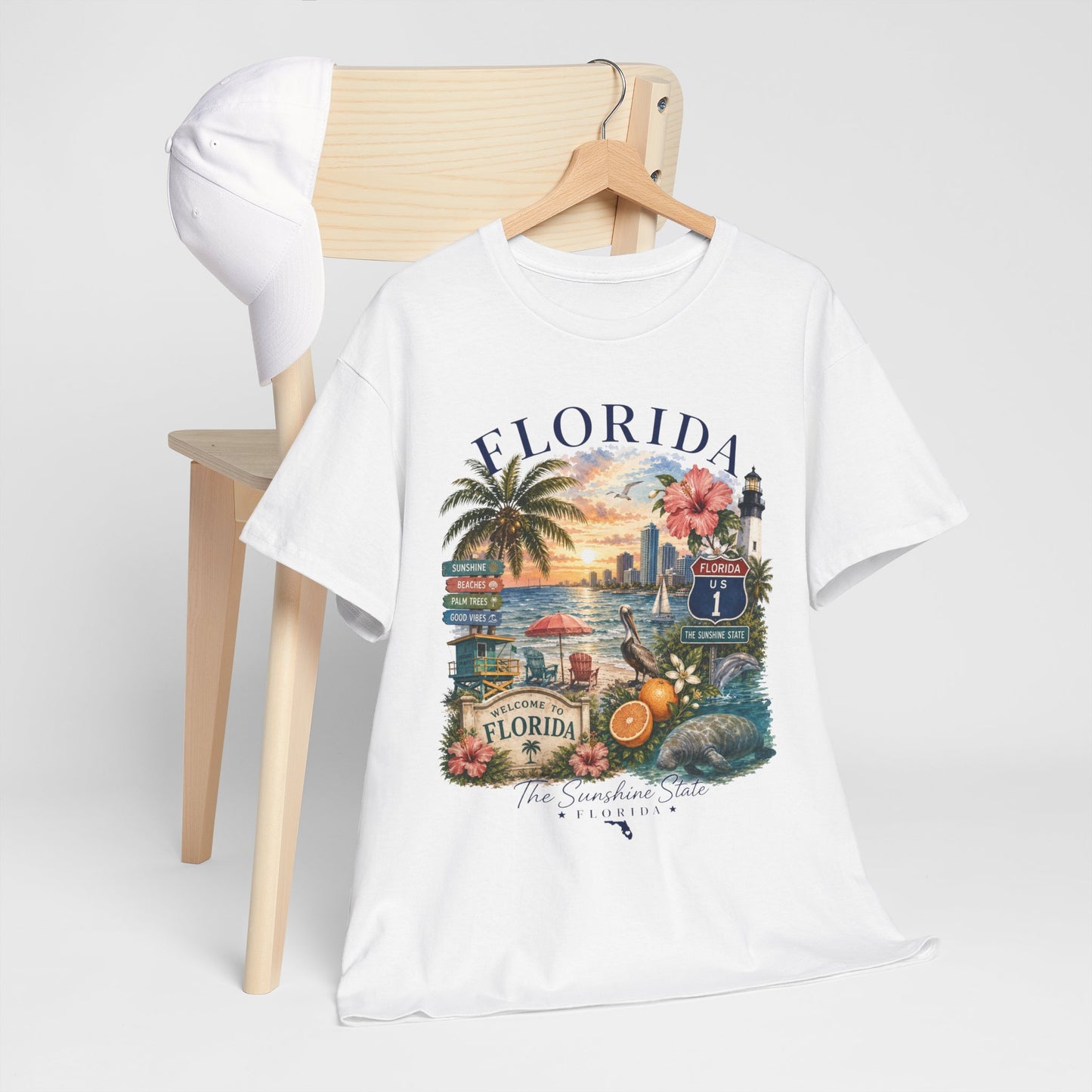 Florida Vintage Travel T-Shirt — Retro Beach Sunset, Lighthouse & Oranges Tee