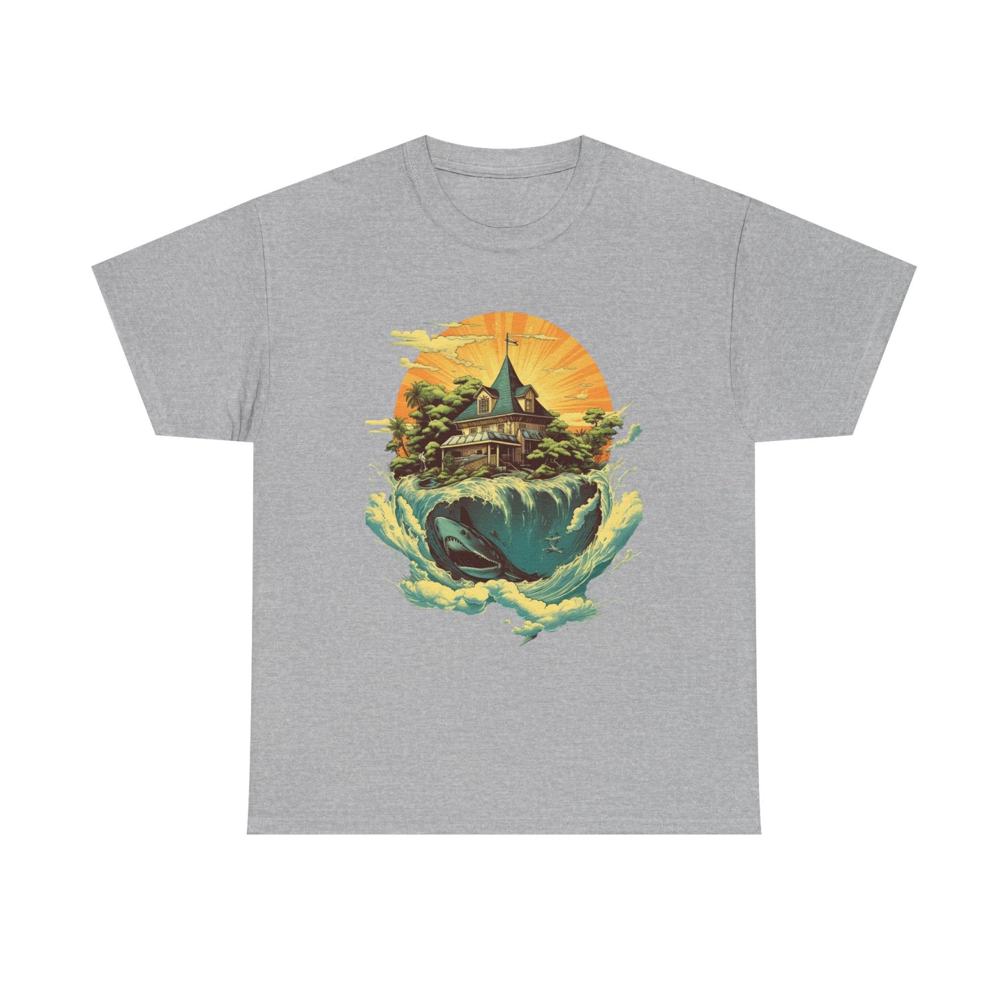 Scenic Whale & Cottage T-Shirt — Vintage Sunset Ocean Graphic Tee