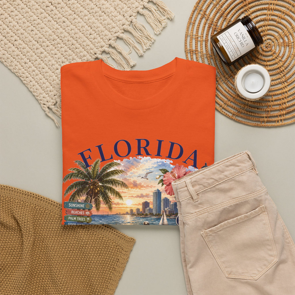 Florida Vintage Travel T-Shirt — Retro Beach Sunset, Lighthouse & Oranges Tee