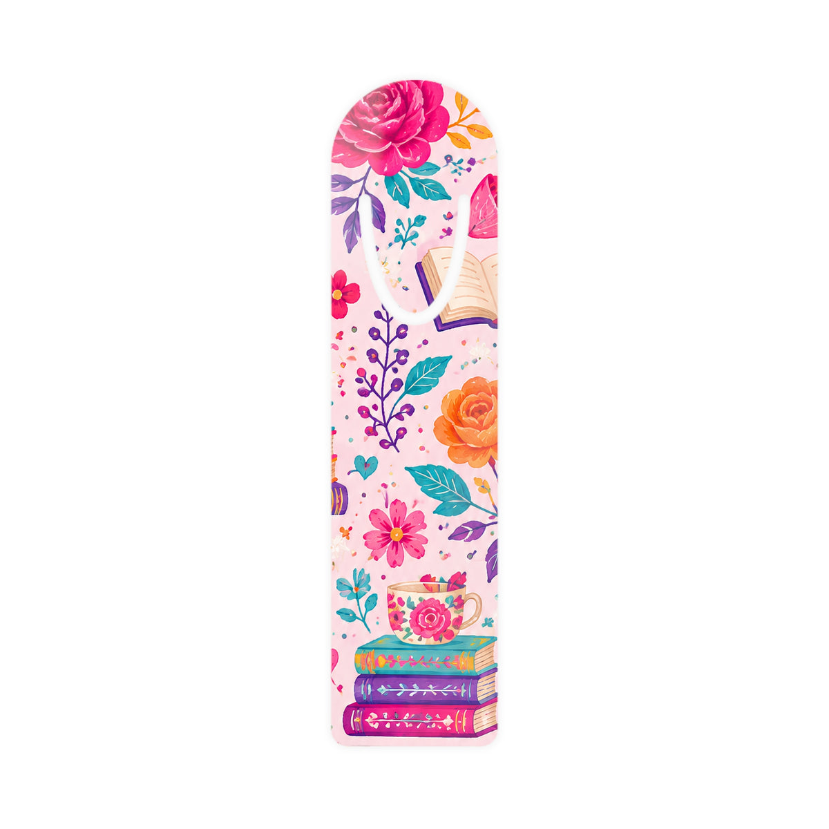 Enchanted Book Floral Tea Party Bookmark — Vintage Teacup & Blossom Metal Bookmark